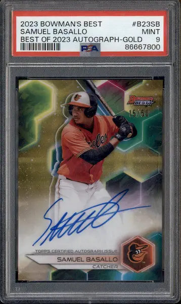 2023 Bowman's  Best Of 2023 Auto Gold Refractor #B23SB Samuel Basallo /50 PSA 9