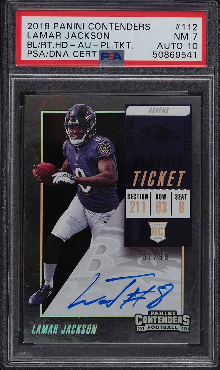 2018 Panini Contenders Lamar Jackson ROOKIE PSA/DNA 10 AUTO /99 #112 PSA 7 NRMT