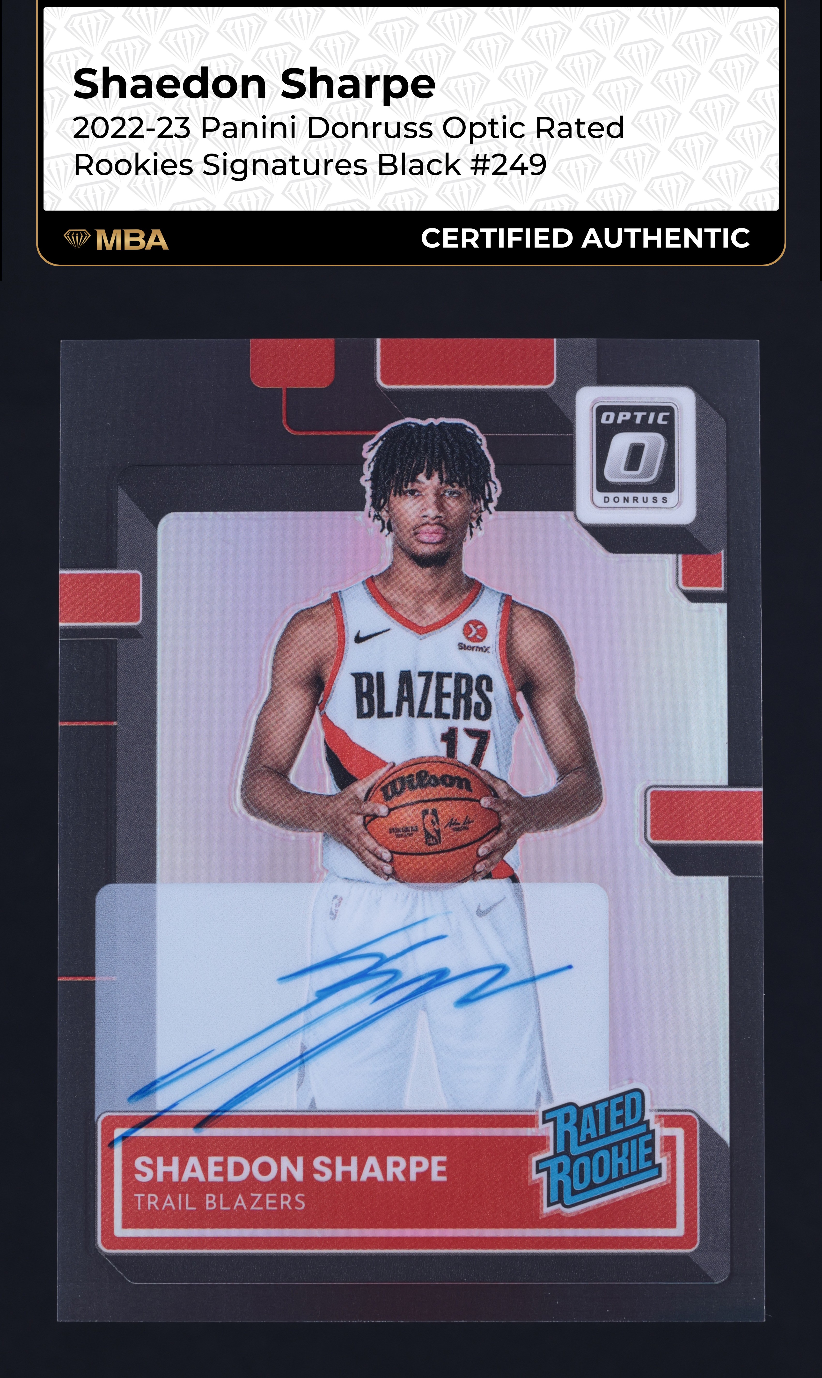2022 Donruss Optic Black Shaedon Sharpe ROOKIE AUTO 1/1 #249 MBA AUTH