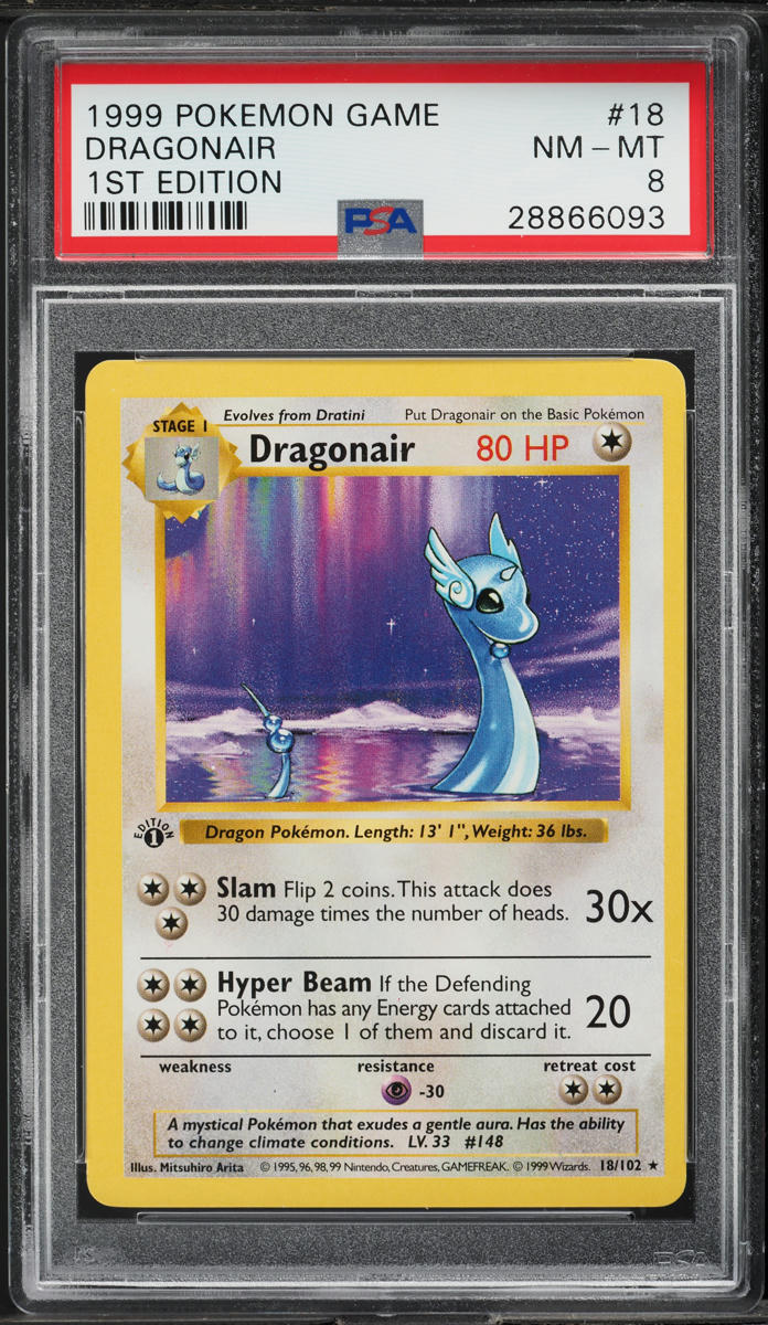 1999 Pokemon Base Set Shadowless 1st Edition Dragonair #18 PSA 8 NM-MT