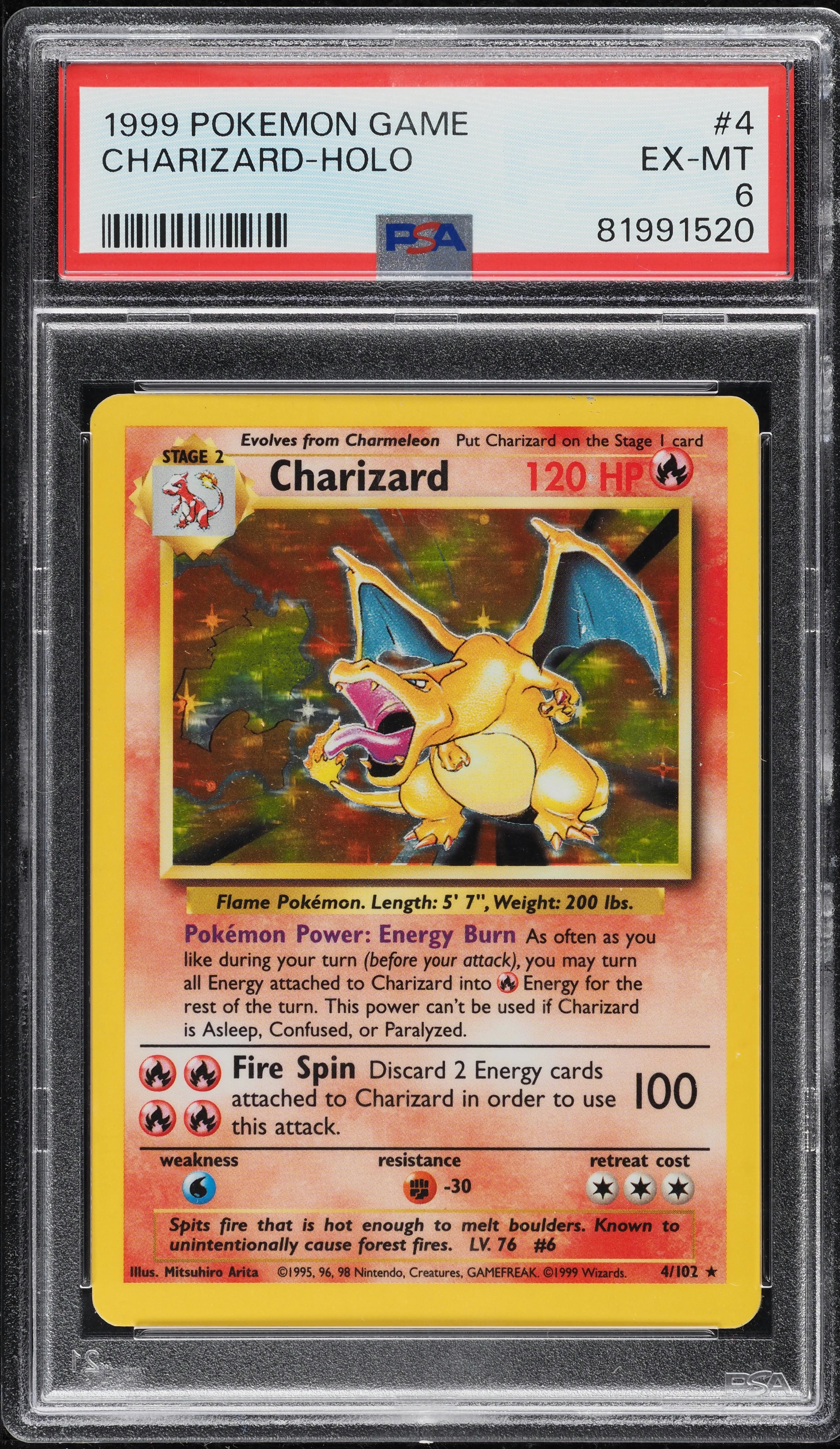 1999 Pokemon Base Set Holo Charizard #4 PSA 6 EXMT