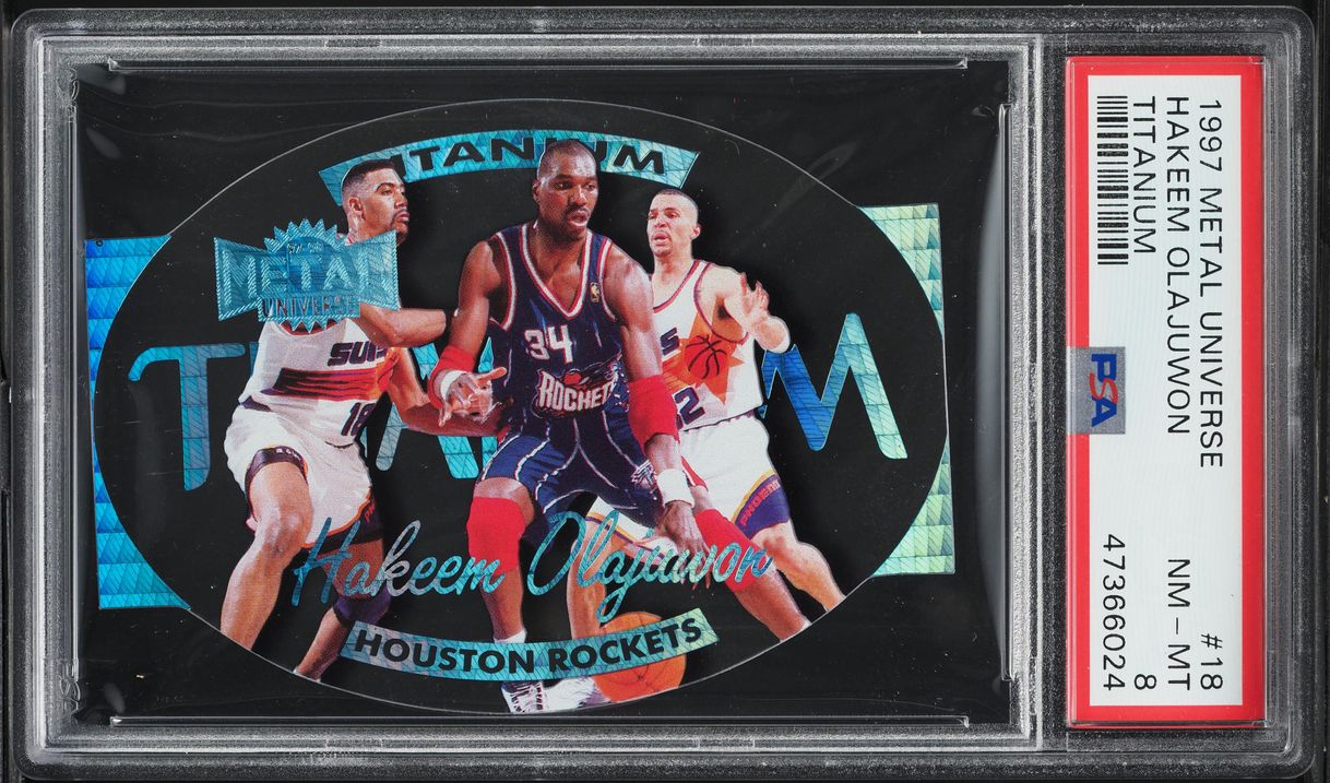 1997 Metal Universe Titanium Die-Cut Hakeem Olajuwon #18 PSA 8 NM-MT