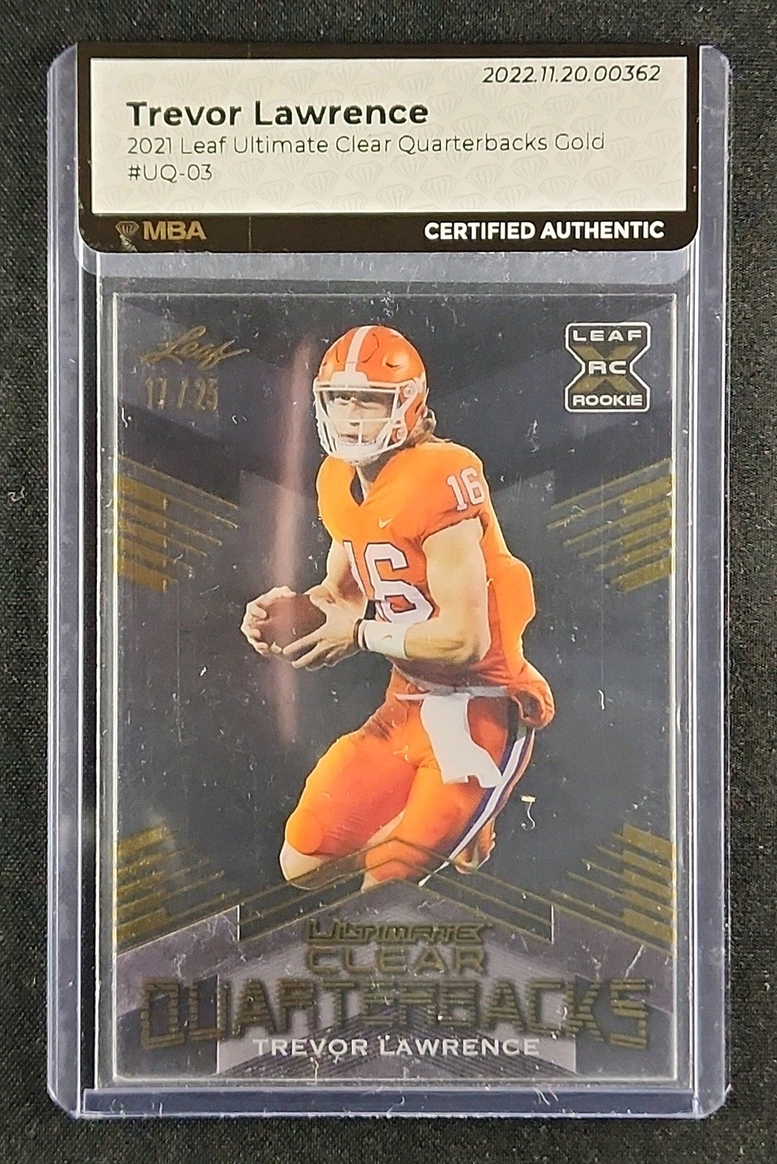 2021 Leaf Ultimate Clear Quarterbacks Gold Trevor Lawrence ROOKIE /25 MBA AUTH