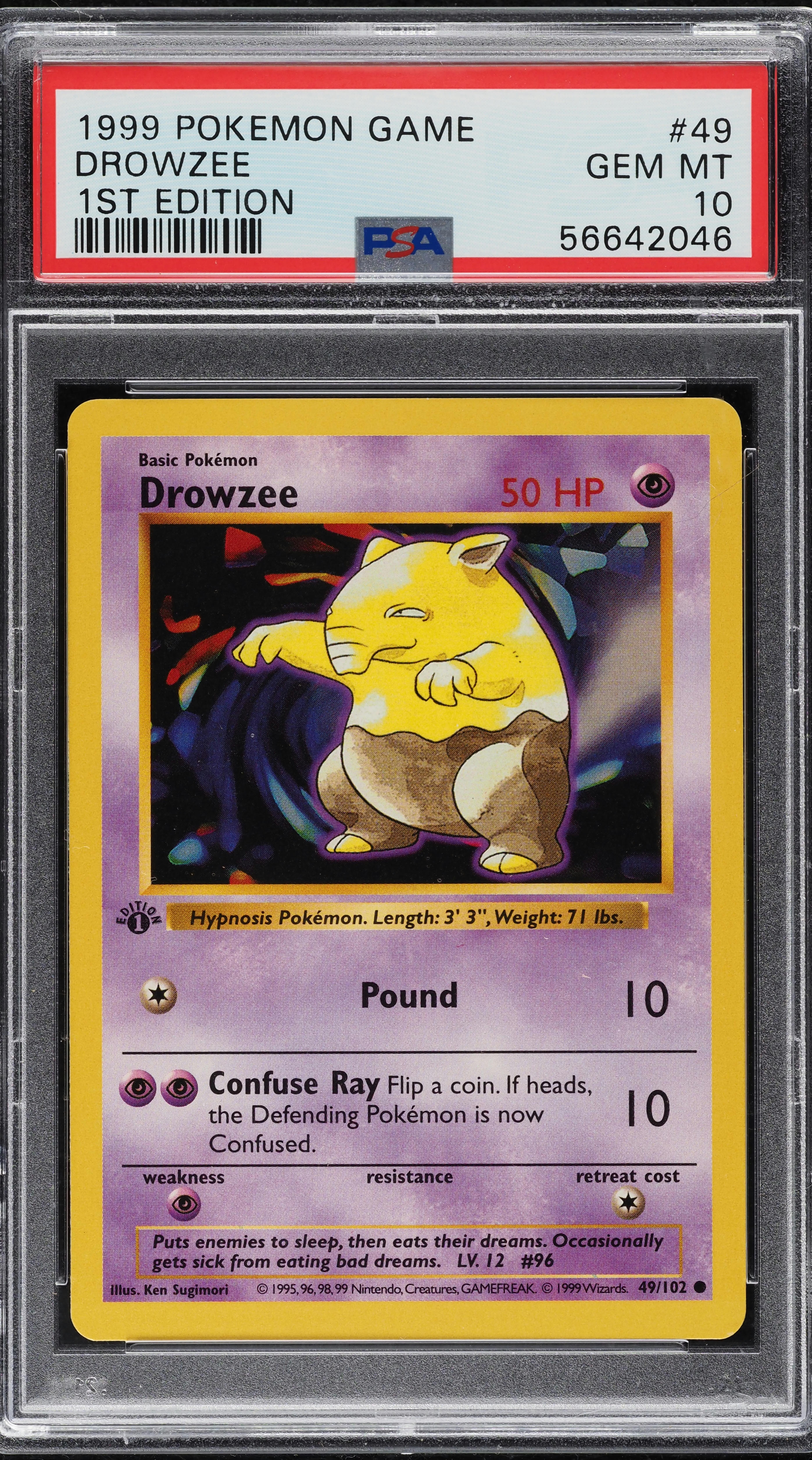 1999 Pokemon Base Set Shadowless 1st Edition Drowzee #49 PSA 10 GEM MINT