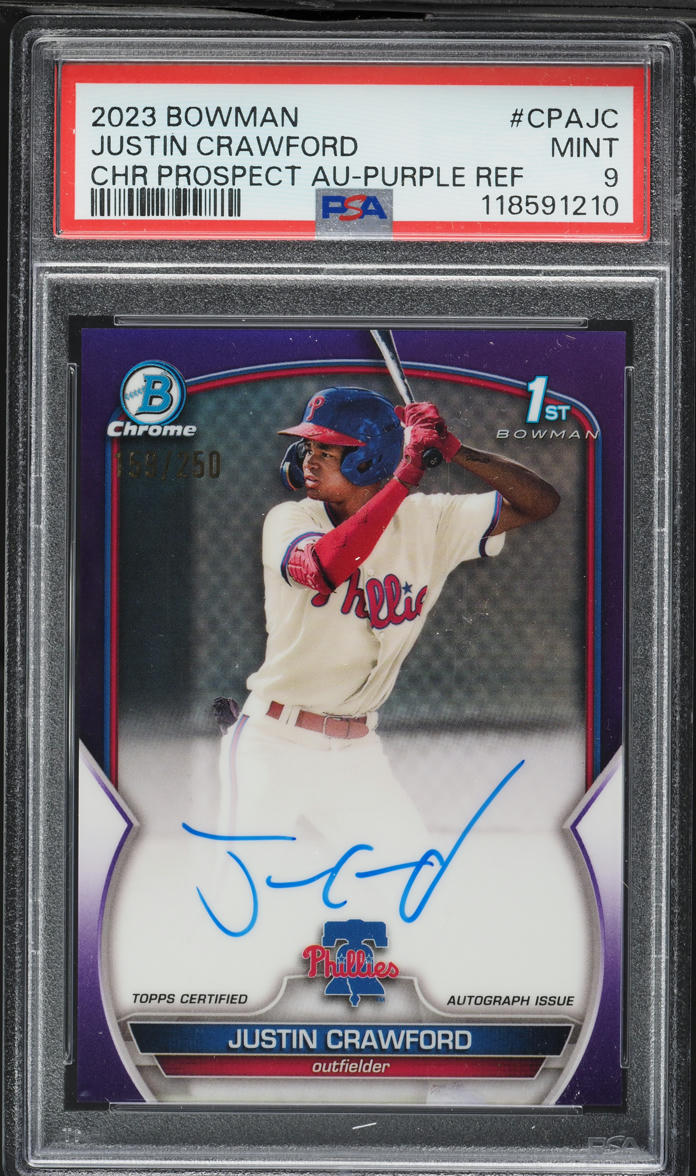 2023 Bowman Chrome Purple Refractor Justin Crawford PROSPECT AUTO /250 #CPA-JC PSA 9 MINT