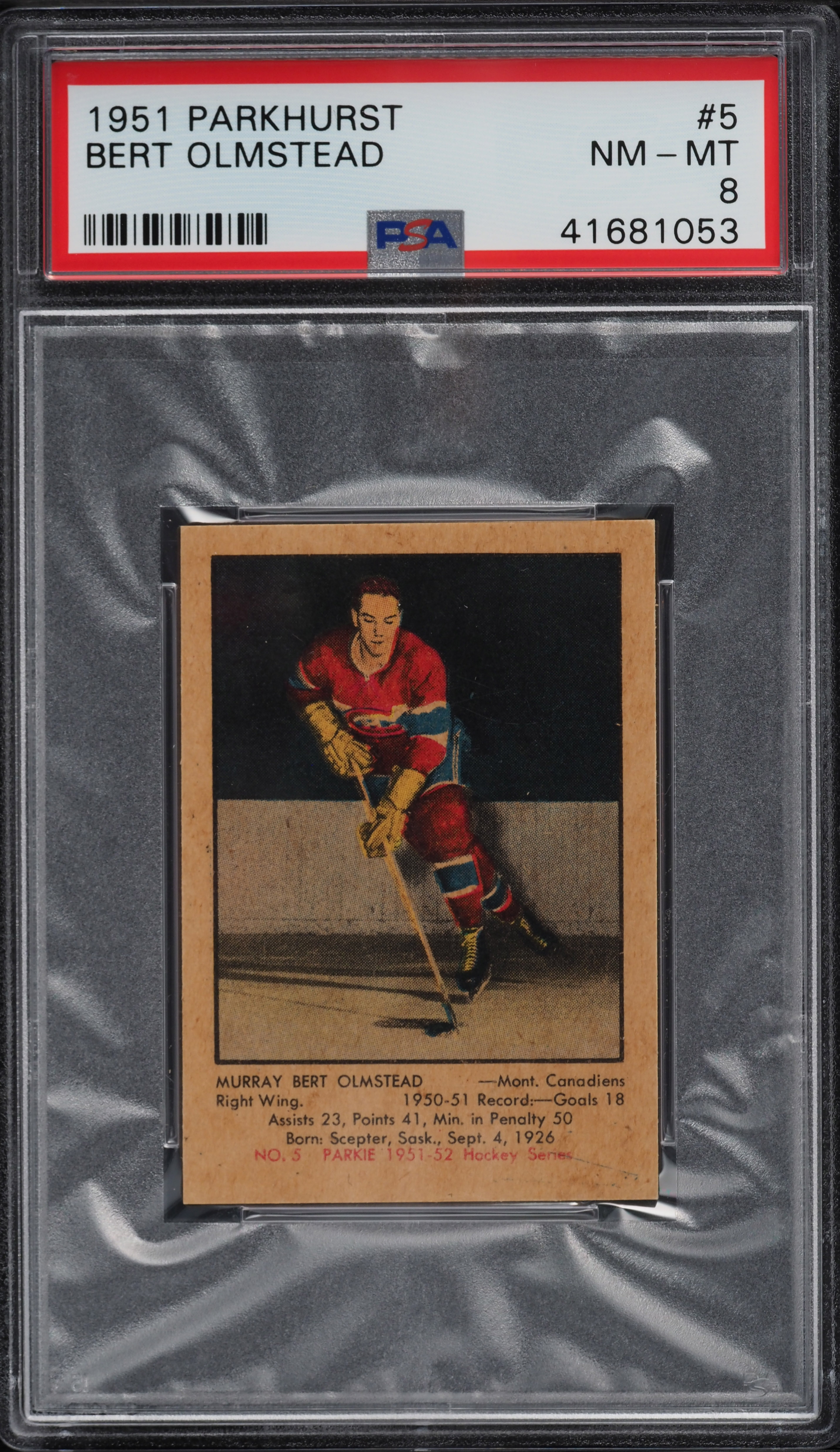 1951 Parkhurst Bert Olmstead ROOKIE RC #5 PSA 8 NM-MT (PWCC-E)