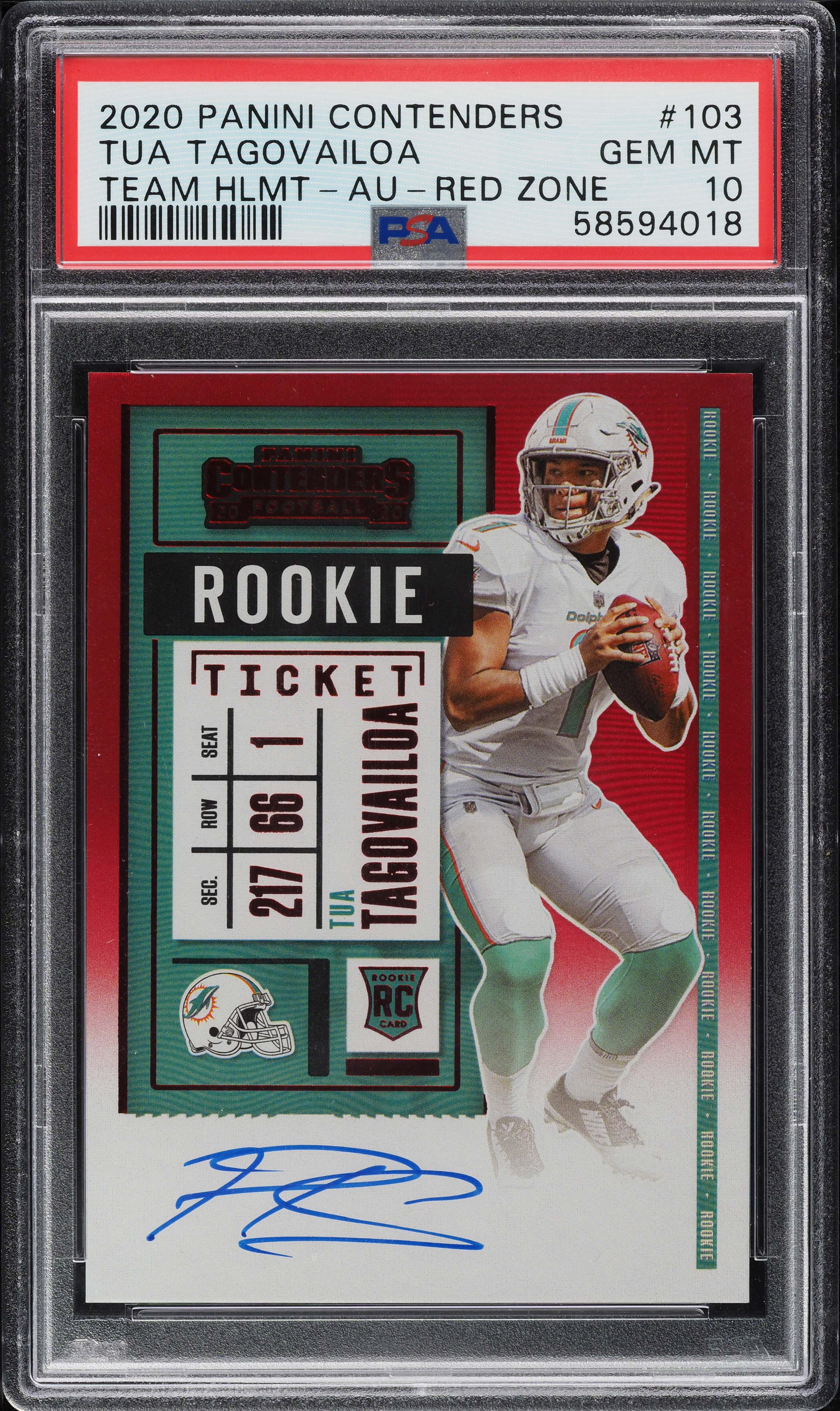 2020 Panini Contenders Variation Red Zone Tua Tagovailoa ROOKIE AUTO #103 PSA 10