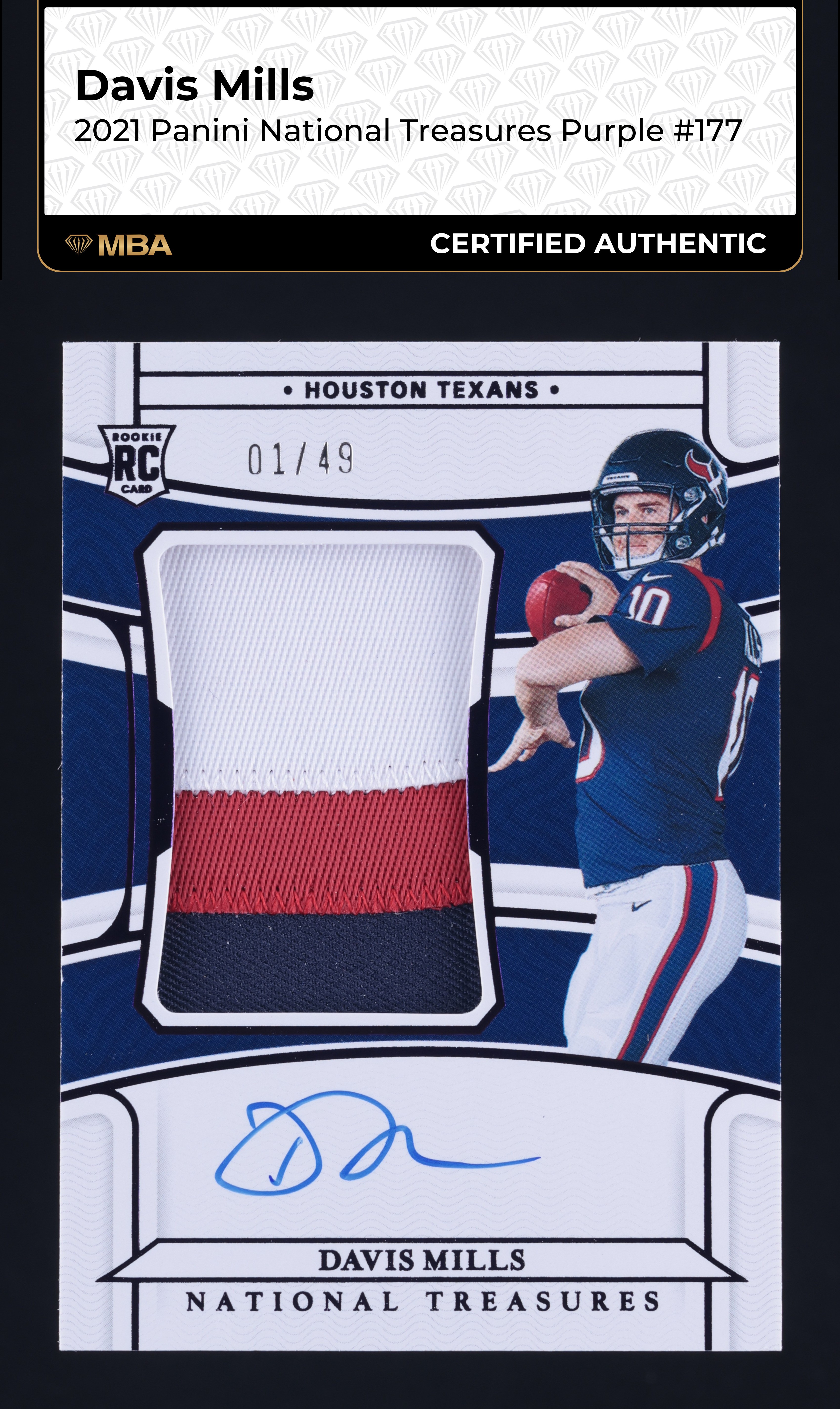 2021 National Treasures Purple Davis Mills ROOKIE PATCH AUTO 1/49 #177 MBA AUTH