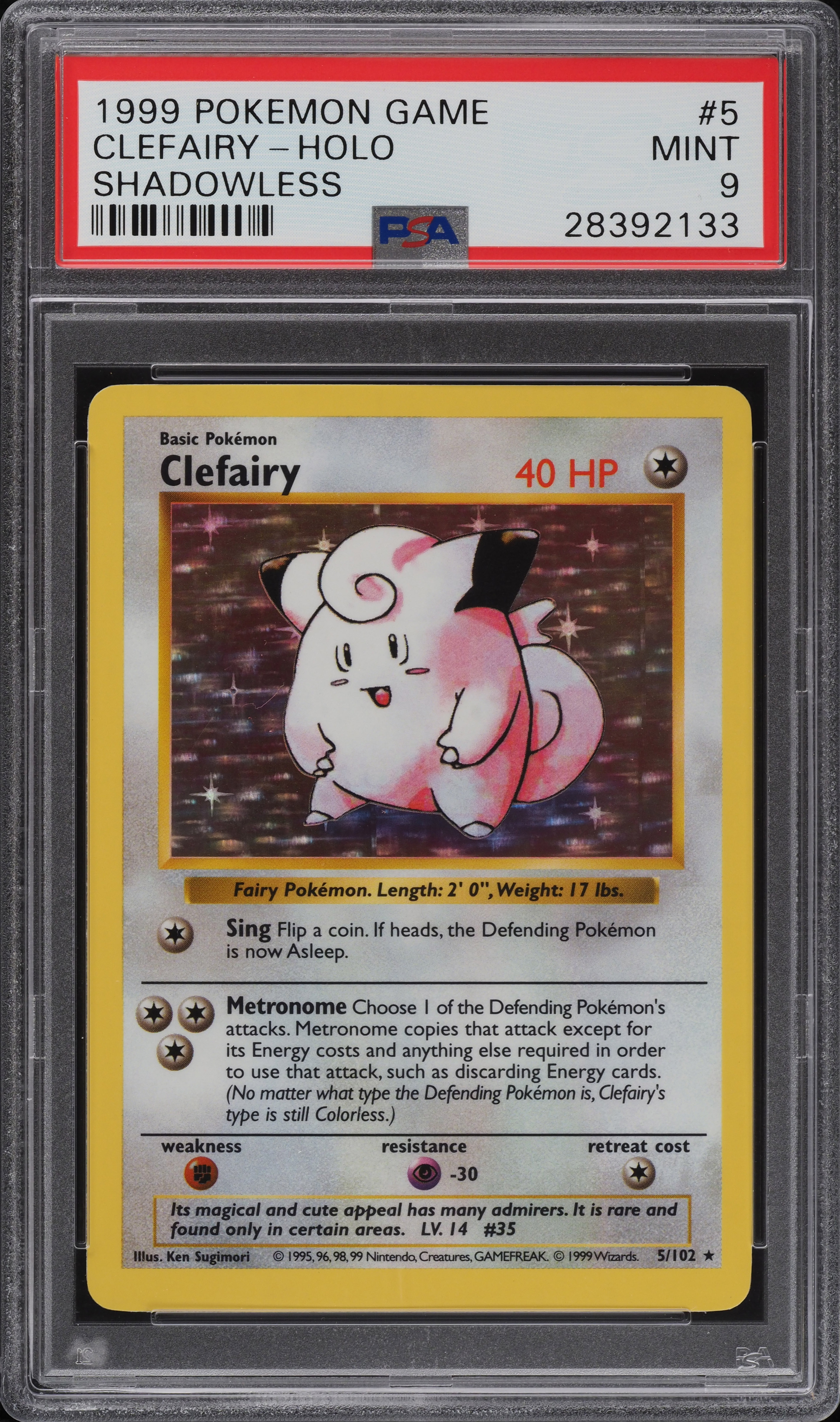 1999 Pokemon Base Set Shadowless Holo Clefairy #5 PSA 9 MINT