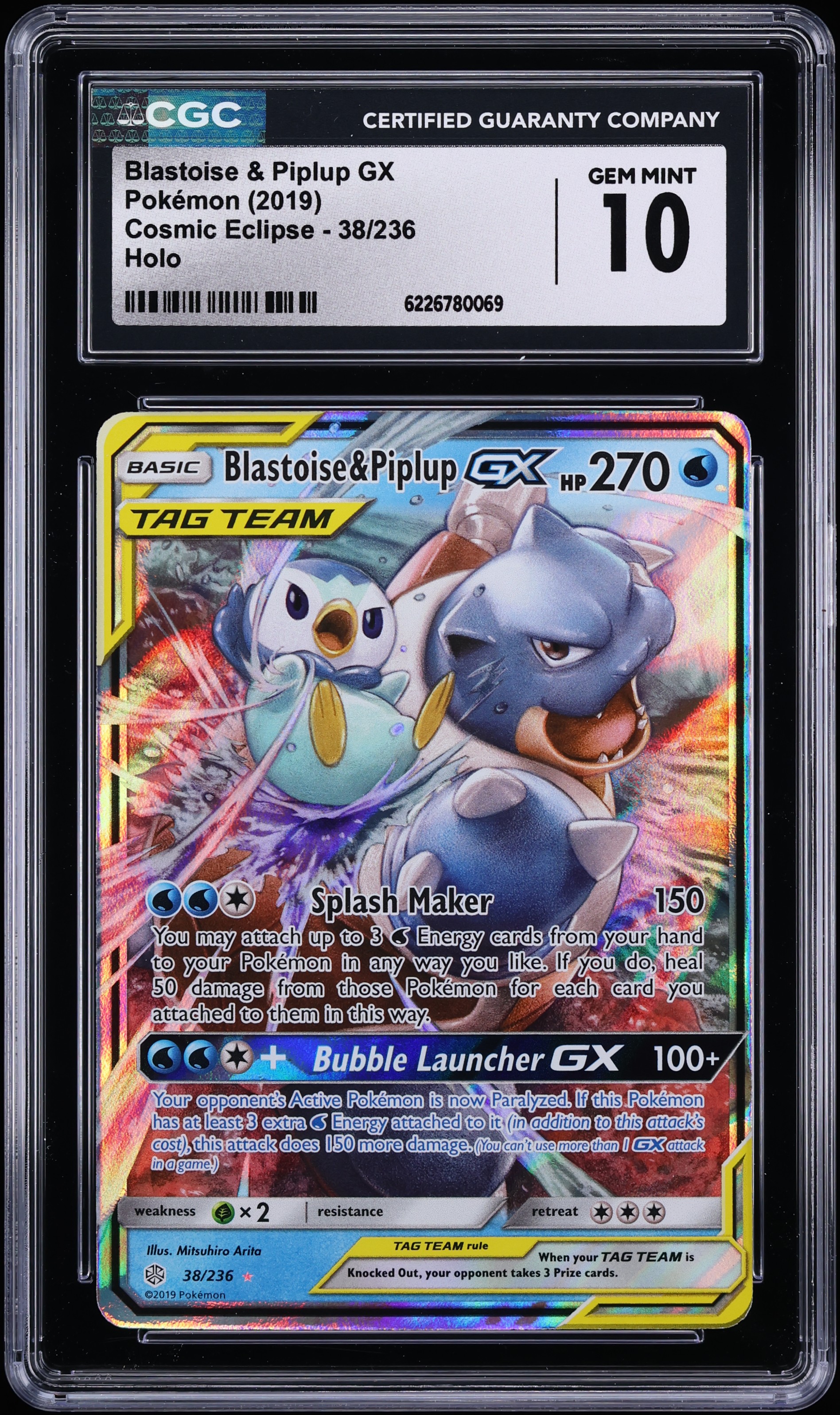 2019 Pokemon Sun & Moon Cosmic Eclipse Holo Blastoise & Piplup GX #38 CGC 10 GEM MINT