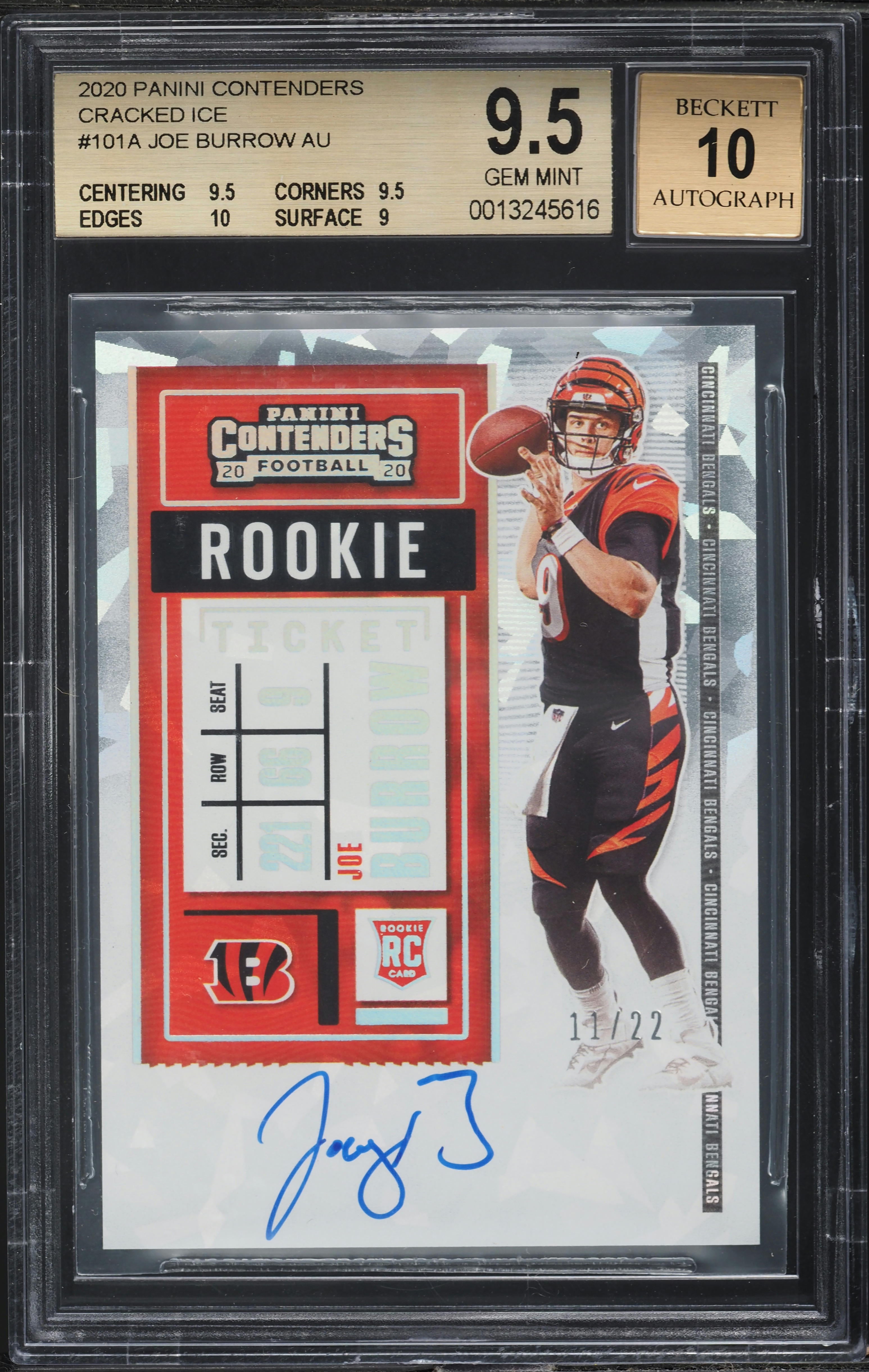 2020 Panini Contenders Cracked Ice Joe Burrow ROOKIE AUTO /22 #101 BGS 9.5