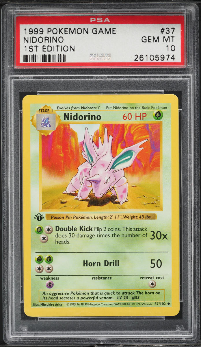 1999 Pokemon Base Set Shadowless 1st Edition Nidorino #37 PSA 10 GEM MINT