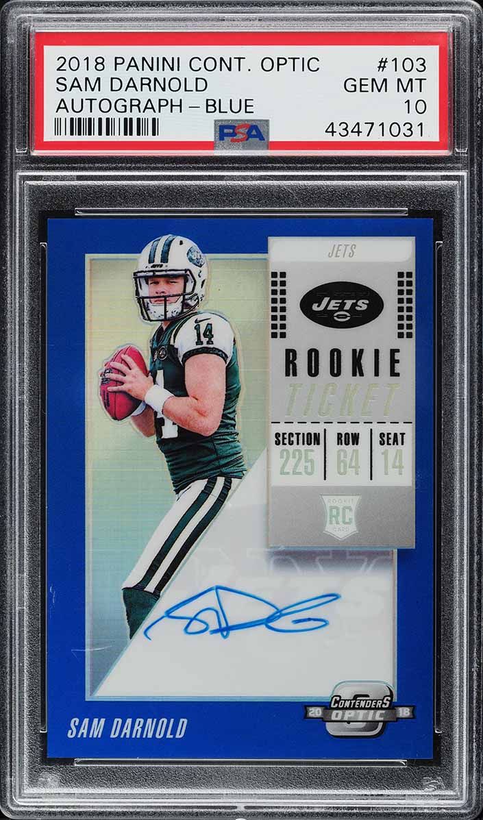 2018 Panini Contenders Optic Blue Sam Darnold ROOKIE AUTO /15 #103 PSA 10 GEM