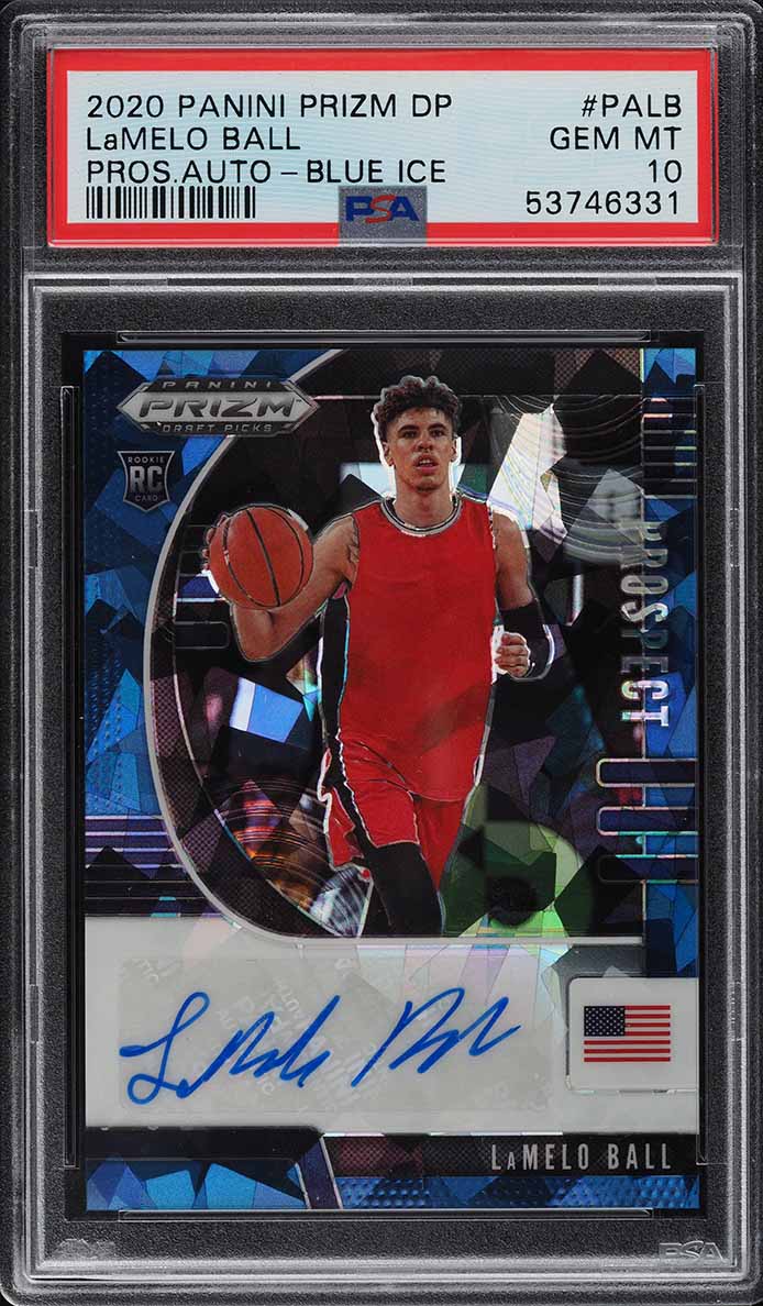 2020 Panini Prizm Draft Picks Blue Ice Prizms Lamelo Ball ROOKIE AUTO /75 PSA 10