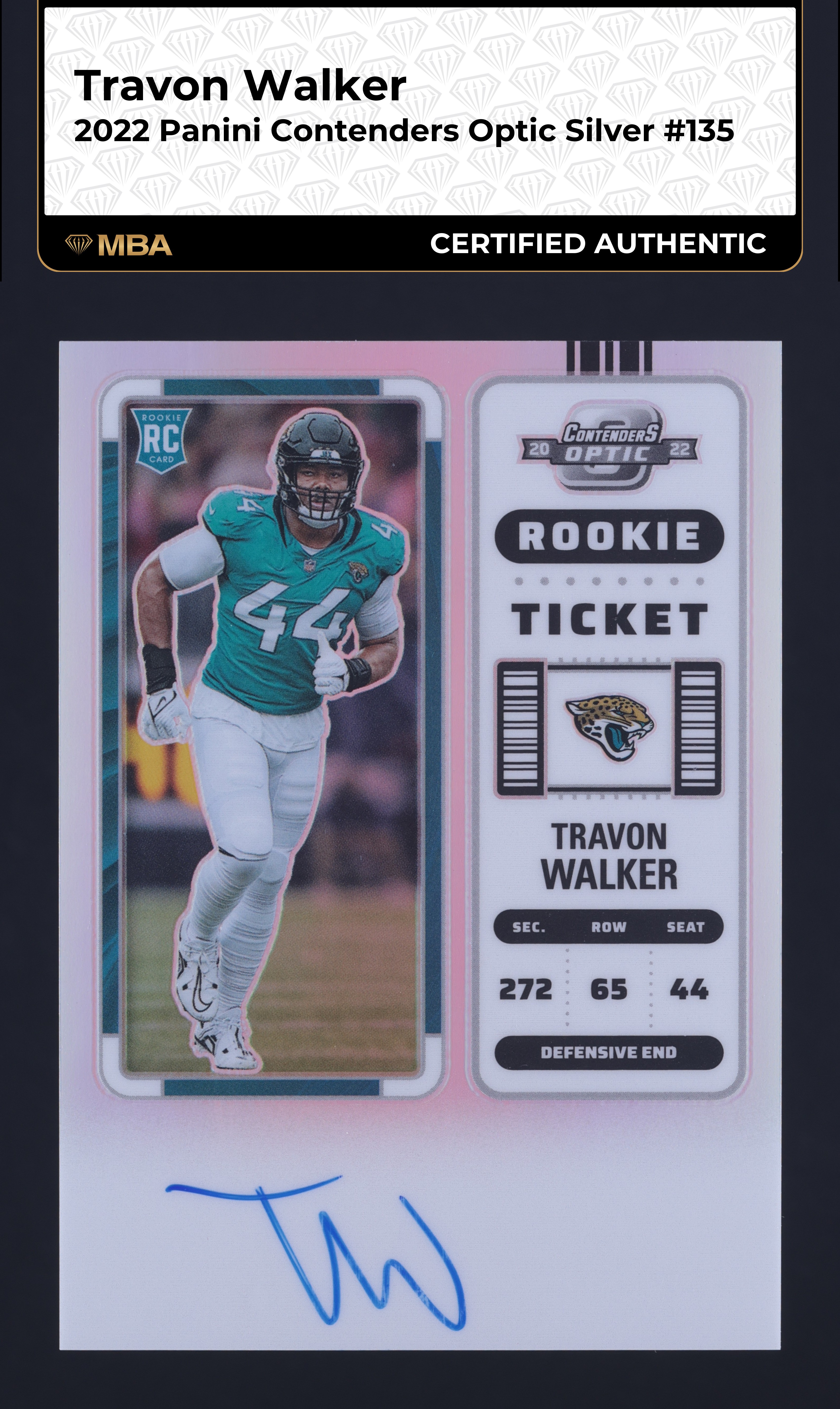 2022 Panini Contenders Optic Silver Travon Walker ROOKIE AUTO #135 MBA AUTH