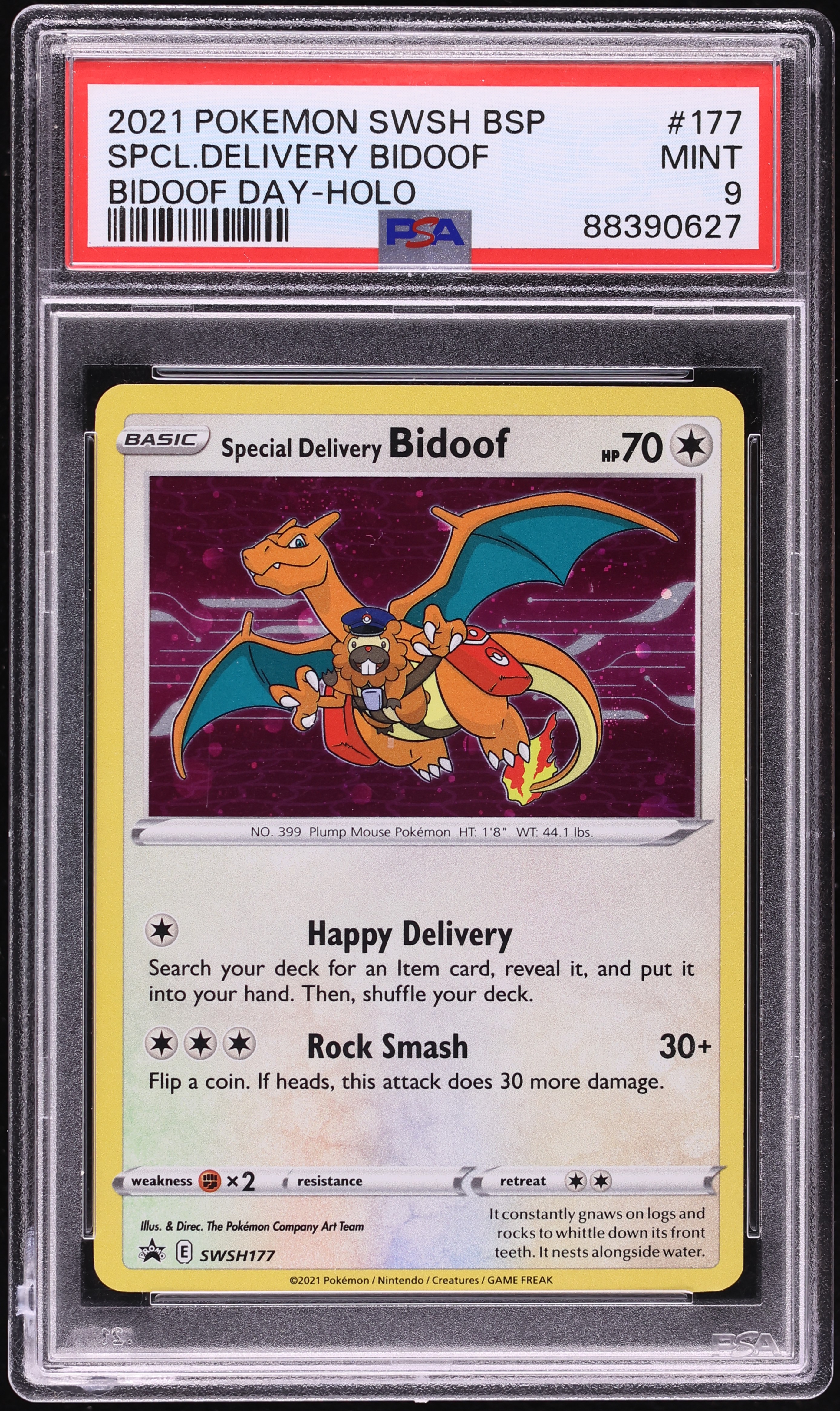 2021 Pokemon Sword & Shield Promo Day Center Holo Special Delivery Bidoof #SWSH177 PSA 9 MINT
