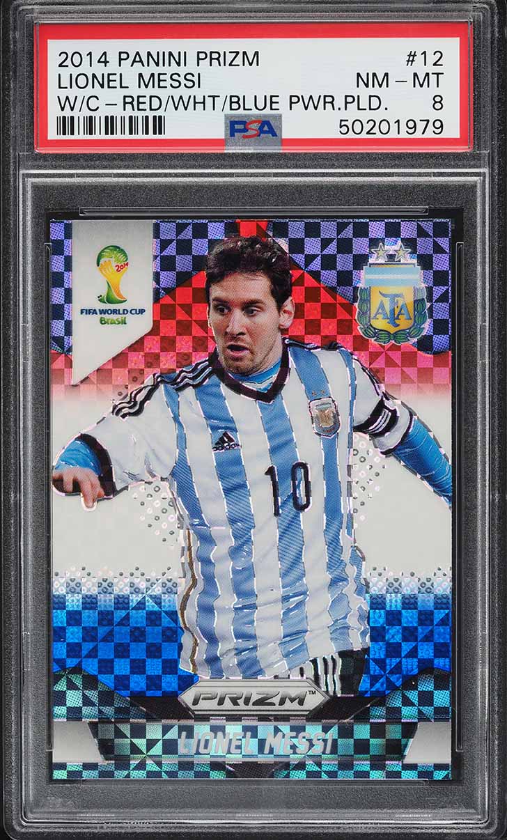 2014 Panini Prizm World Cup Red White Blue Power Plaid Lionel Messi #12 PSA 8