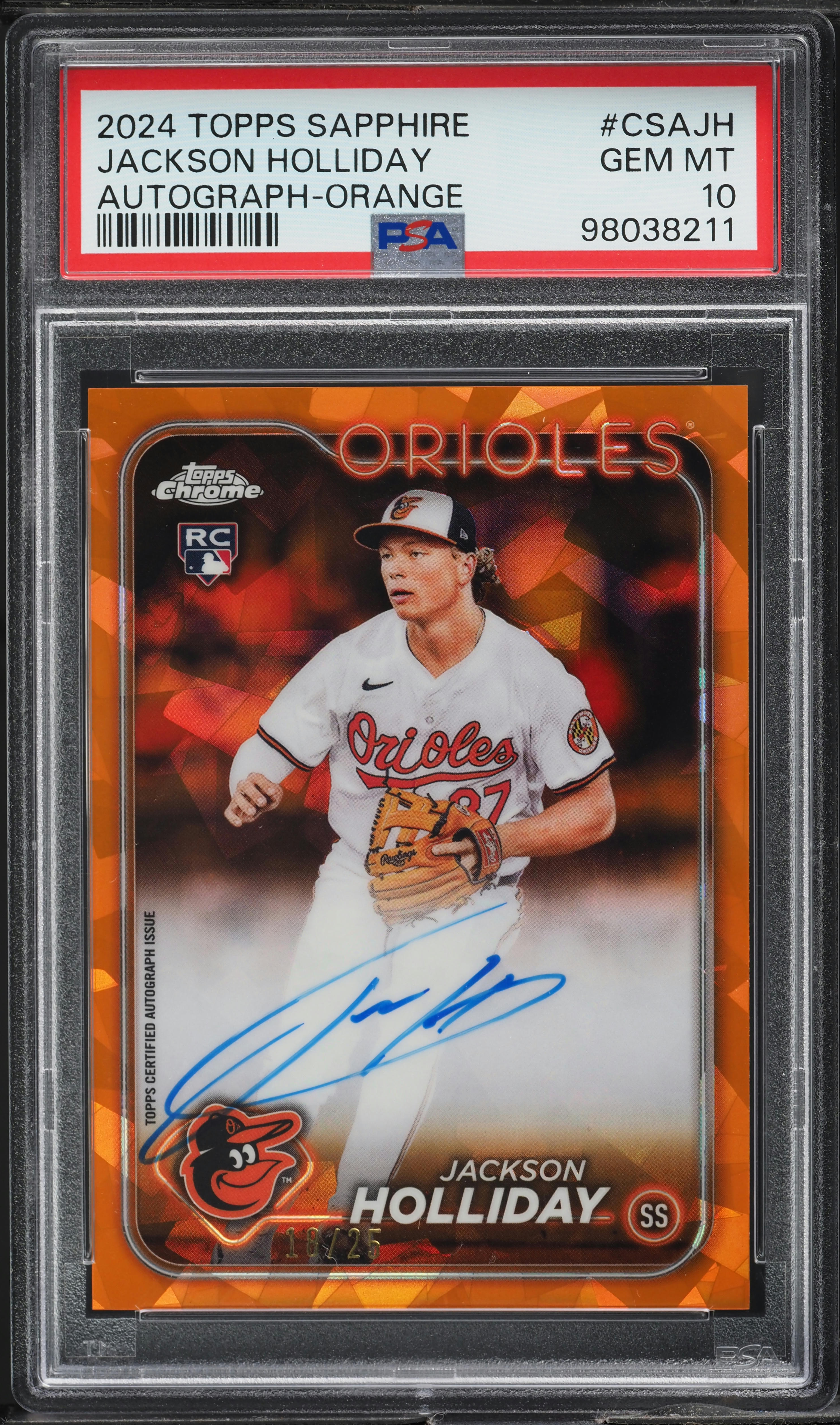 2024 Topps Chrome Sapphire Orange Jackson Holliday ROOKIE AUTO /25 PSA 10 GEM