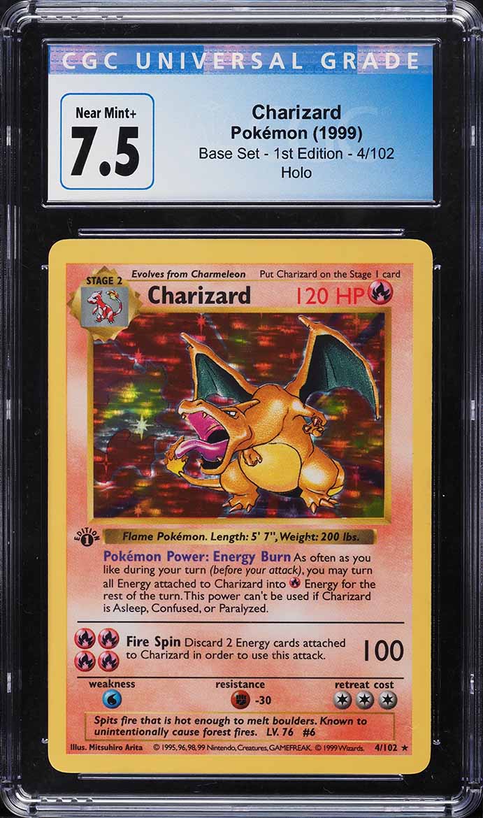 1999 Pokemon Base Set Shadowless 1st Edition Holo Charizard #4 CGC 7.5 NRMT+