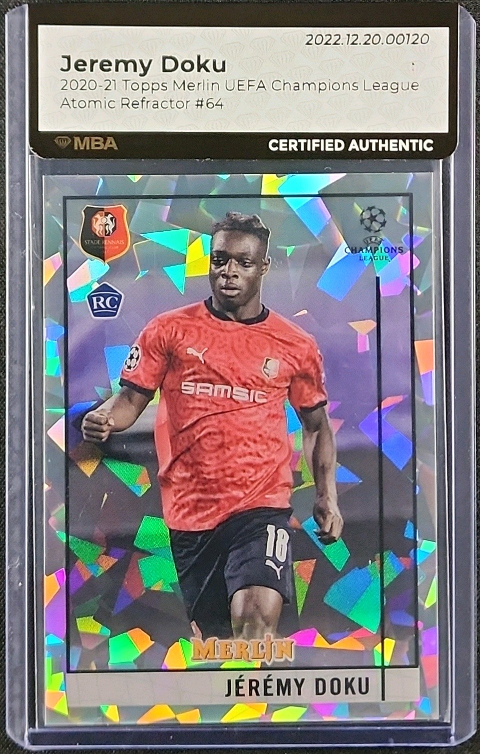 2020 Topps Merlin Chrome UEFA Atomic Refractor Jeremy Doku RC /250 #64 MBA AUTH