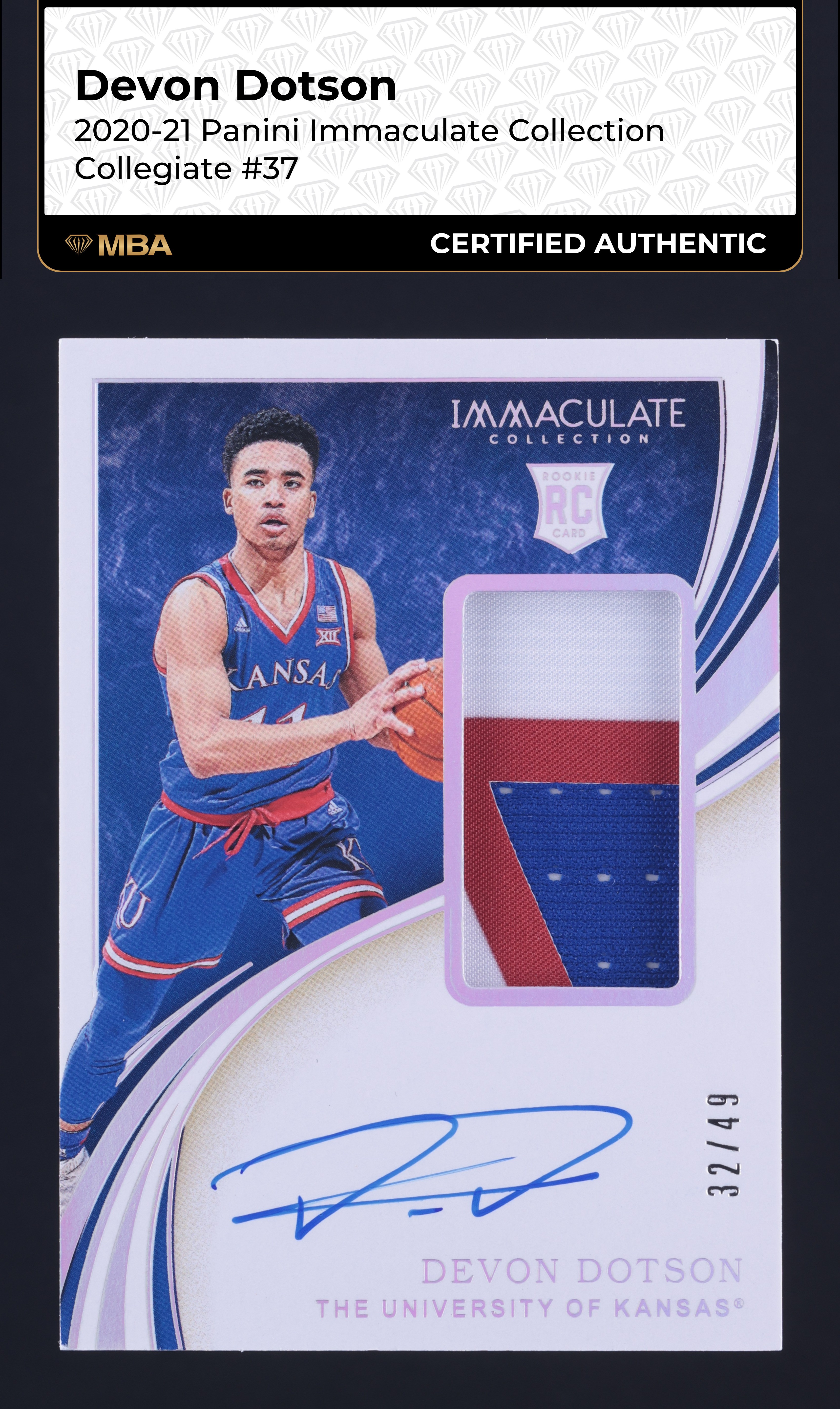2020 Immaculate Collection Collegiate Devon Dotson RC PATCH AUTO /49 MBA AUTH