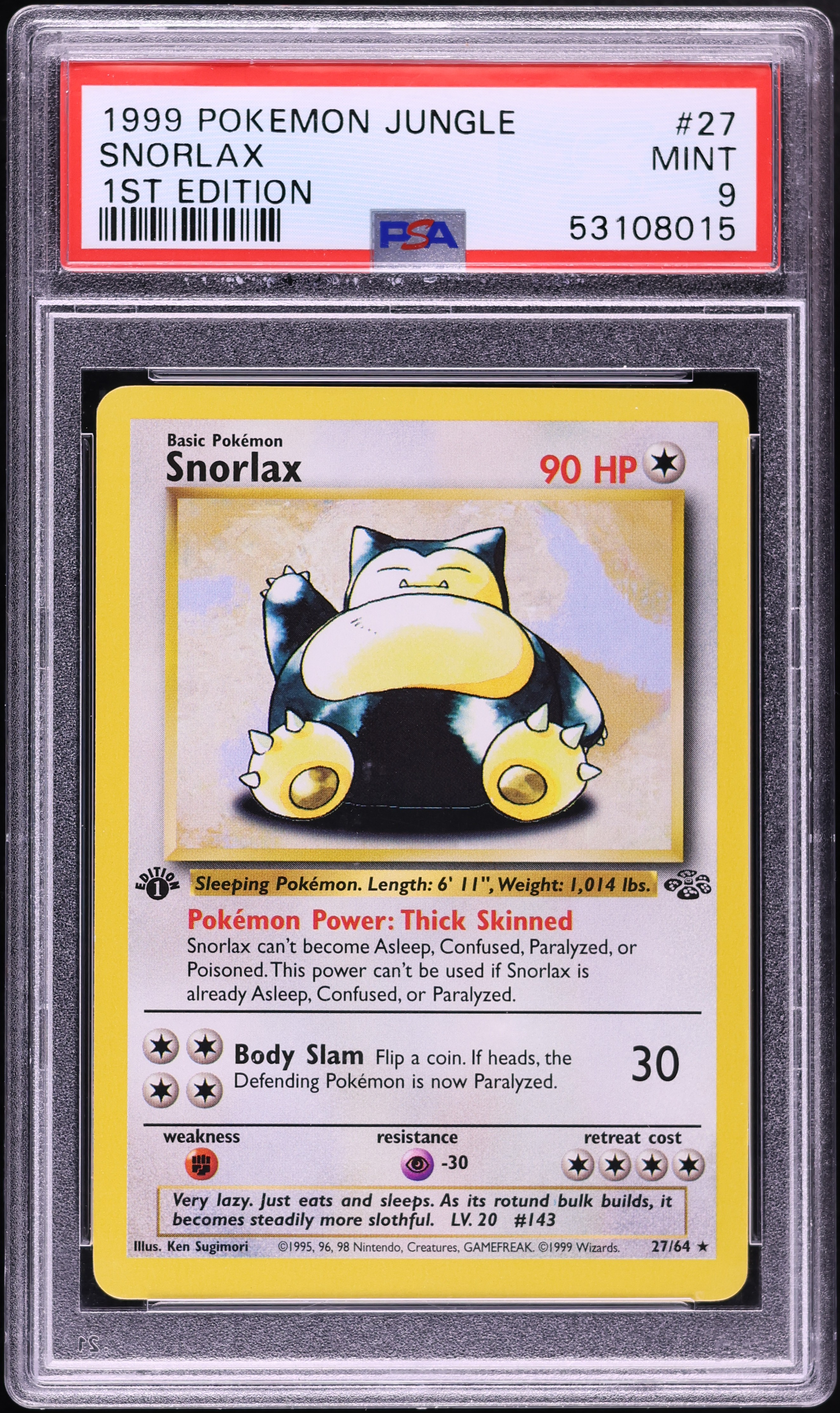 1999 Pokemon Jungle 1st Edition Snorlax #27 PSA 9 MINT
