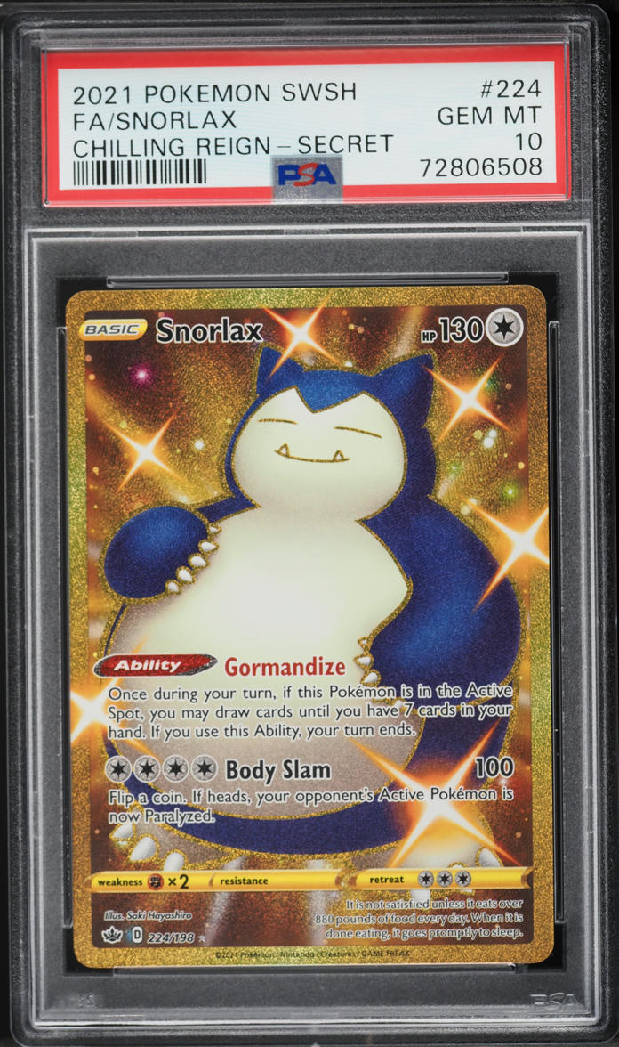 2021 Pokemon Sword & Shield Chilling Reign Gold Rare Shiny Snorlax #224 PSA 10 GEM MINT