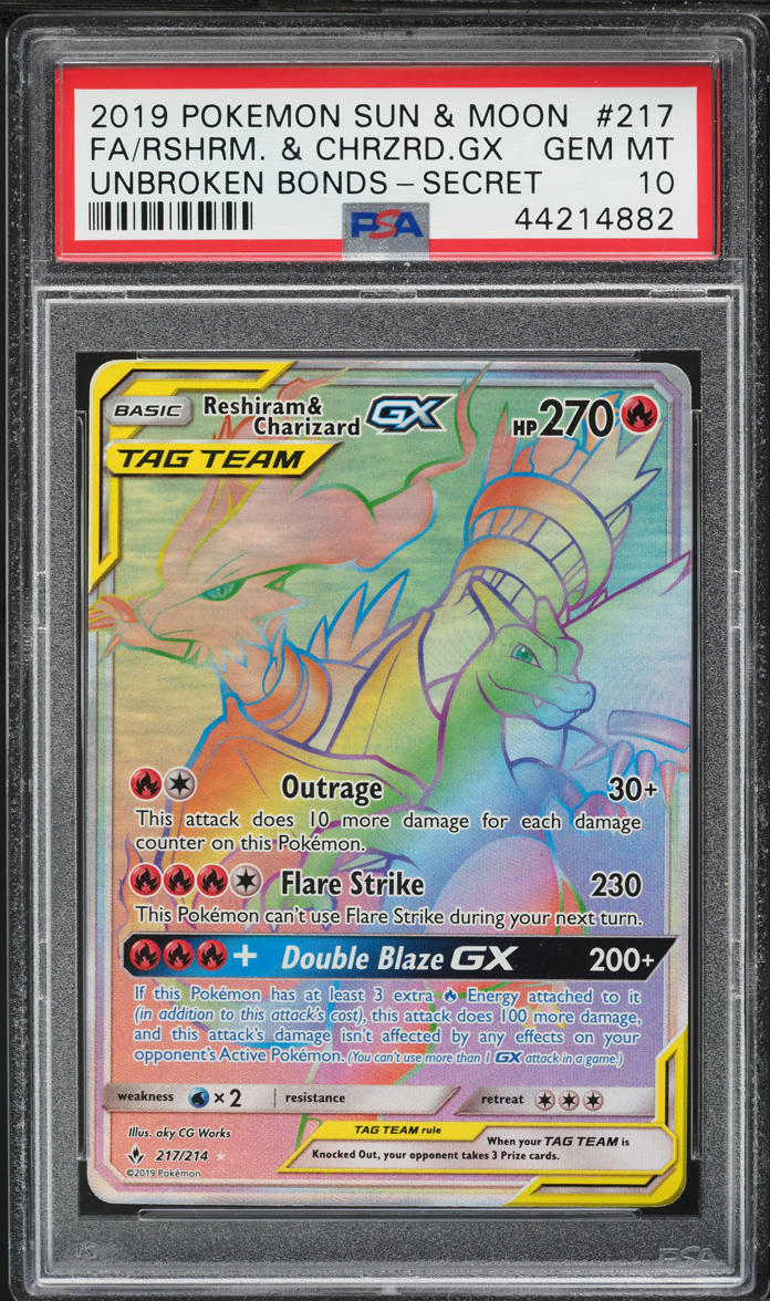 2019 Pokemon SM Unbroken Bonds Hyper Rare Reshiram & Charizard GX #217 PSA 10