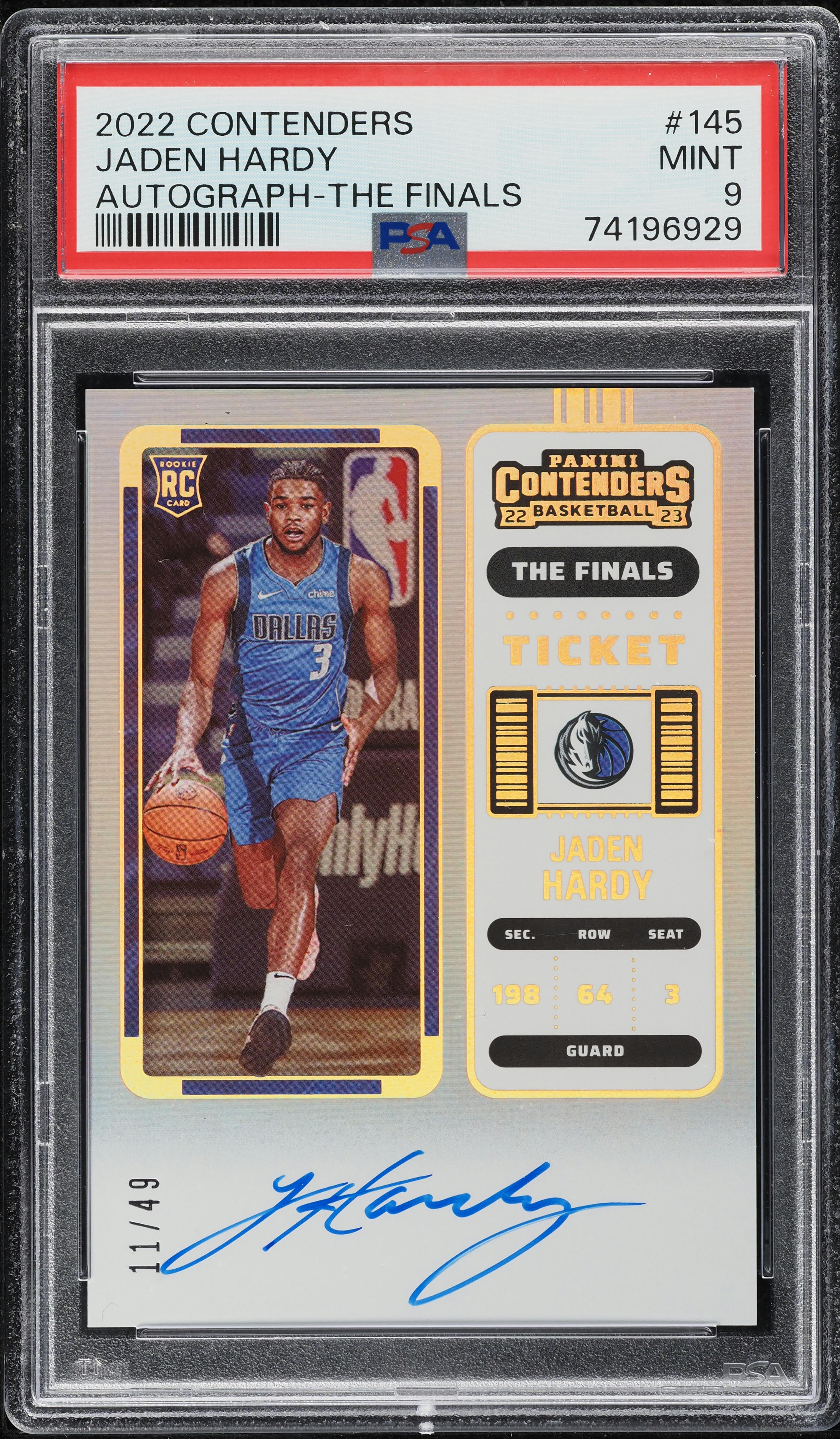 2022 Panini Contenders The Finals Jaden Hardy ROOKIE AUTO /49 #145 PSA 9 MINT
