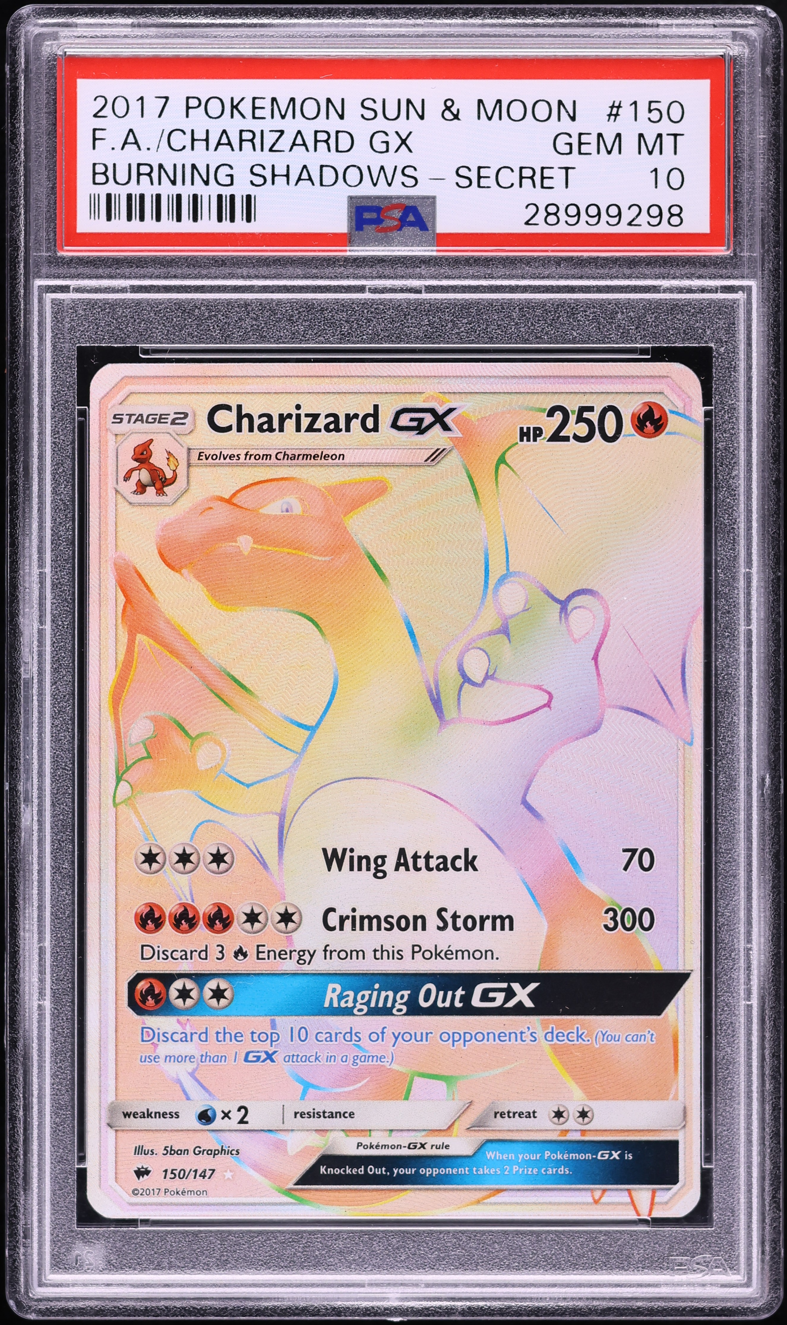2017 Pokemon Sun & Moon Burning Shadows Rainbow Rare Charizard GX #150 PSA 10 GEM MINT