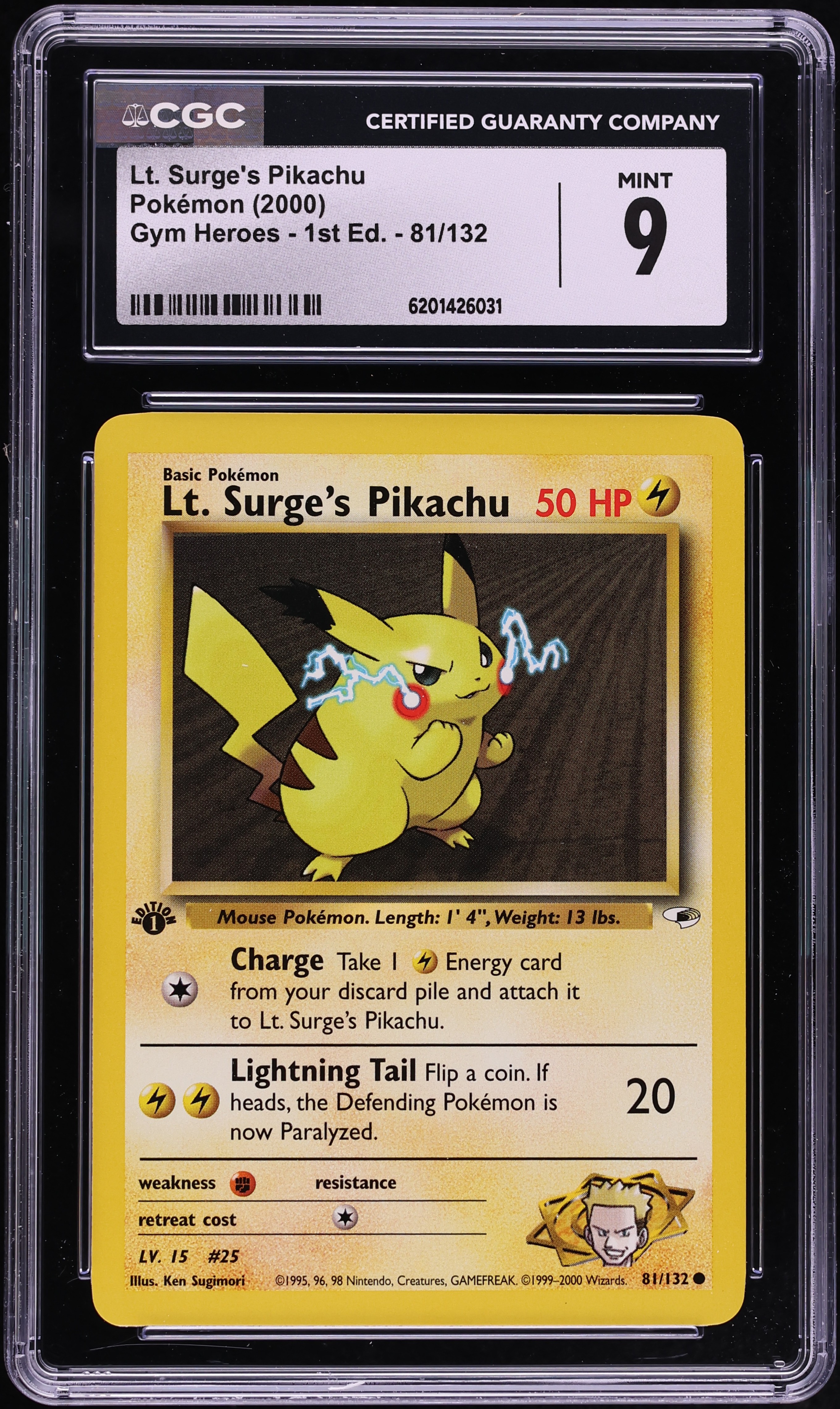 2000 Pokemon Gym Heroes 1st Edition Lt. Surge's Pikachu #81 CGC 9 MINT