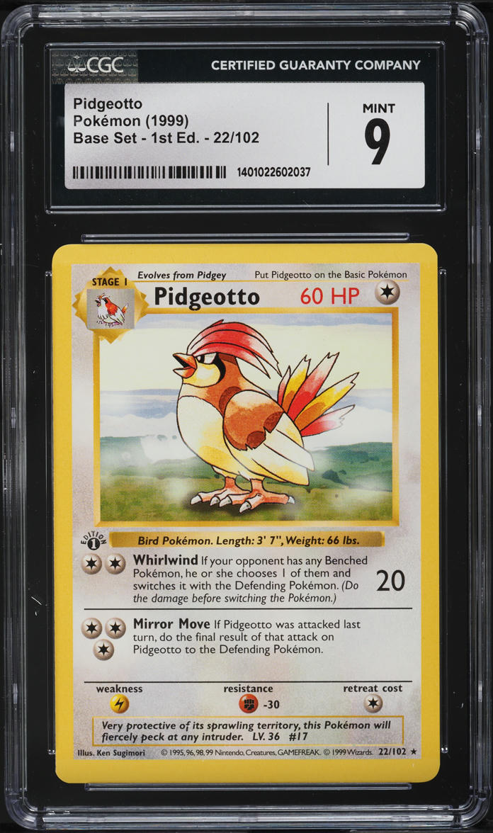 1999 Pokemon Base Set Shadowless 1st Edition Pidgeotto #22 CGC 9 MINT