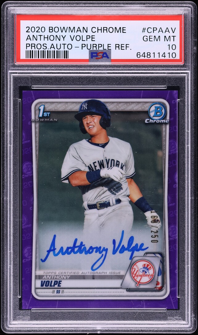 2020 Bowman Chrome Purple Refractor Anthony Volpe PROSPECT AUTO /250 PSA 10 GEM