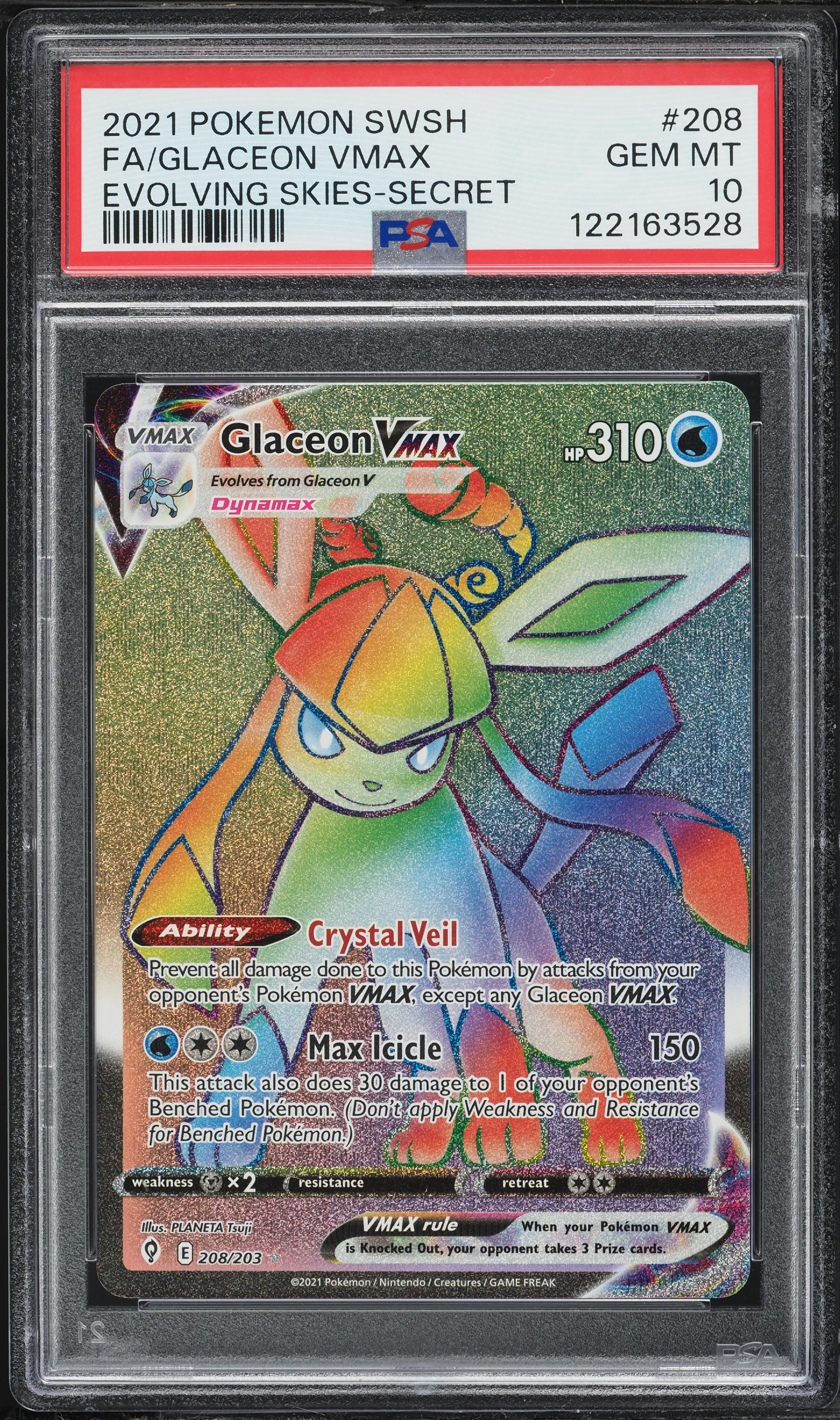 2021 Pokemon Sword & Shield Evolving Skies Rainbow Rare Glaceon VMAX #208 PSA 10 GEM MINT