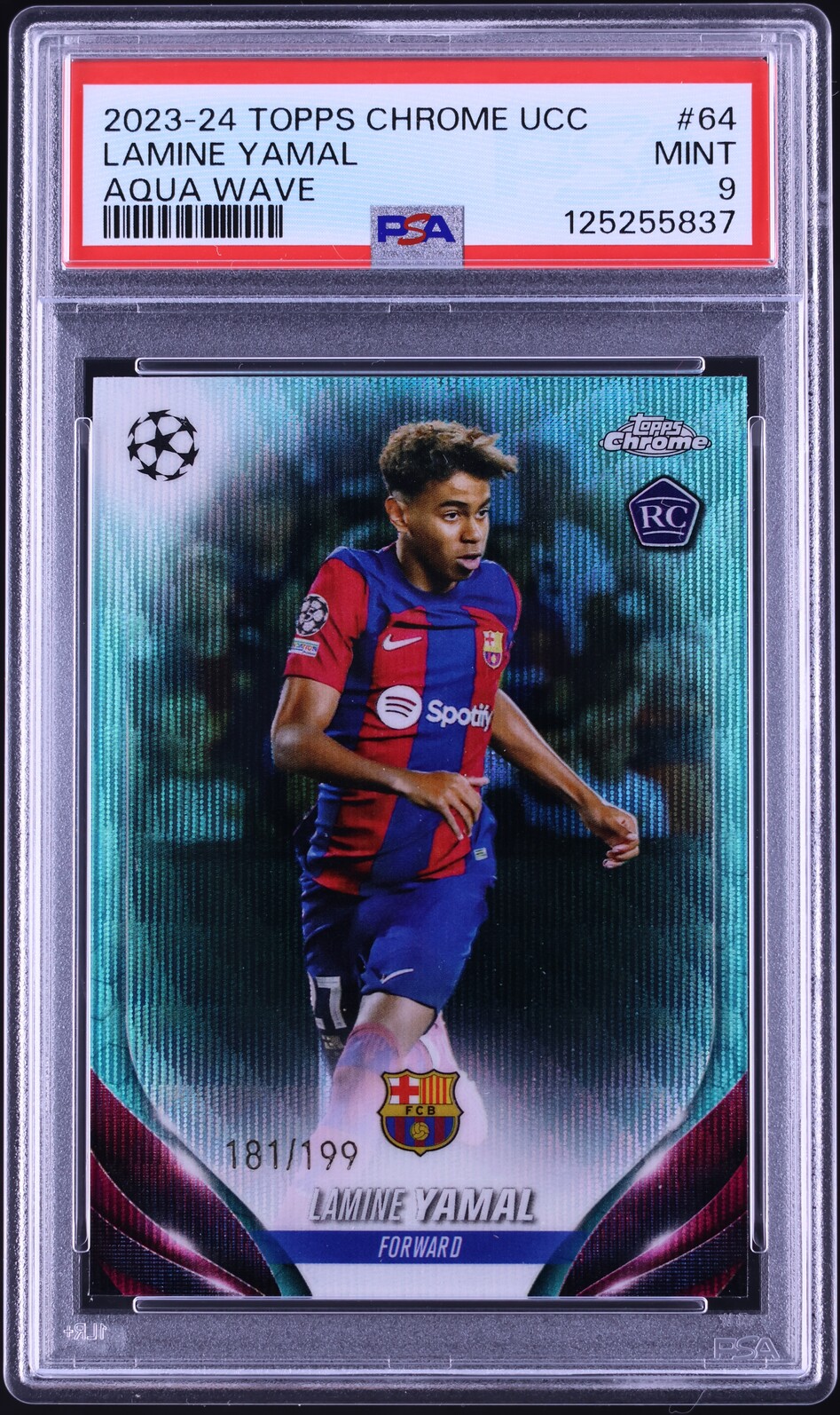 2023 Topps Chrome UEFA CC Aqua Wave Lamine Yamal ROOKIE /199 #64 PSA 9 MINT
