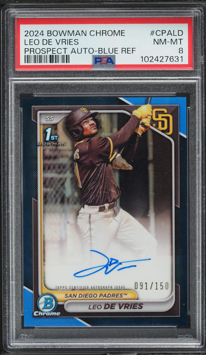 2024 Bowman Chrome Blue Refractor Leo De Vries AUTO /150 #CPALD PSA 8 NM-MT