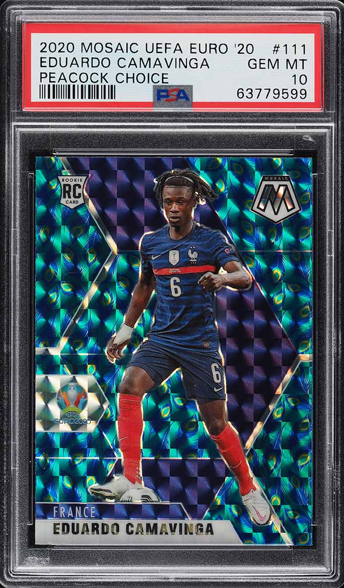 2020 Panini Mosaic UEFA Euro Peacock Choice Eduardo Camavinga ROOKIE #111 PSA 10