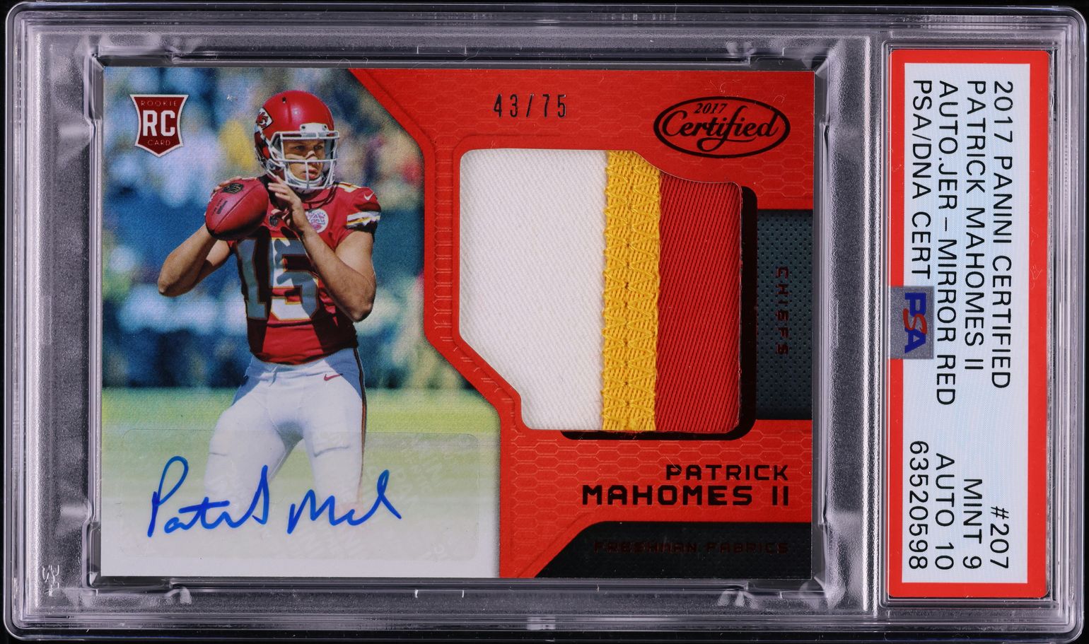 2017 Certified Mirror Red Patrick Mahomes II RC PATCH AUTO DNA 10 /75 #207 PSA 9
