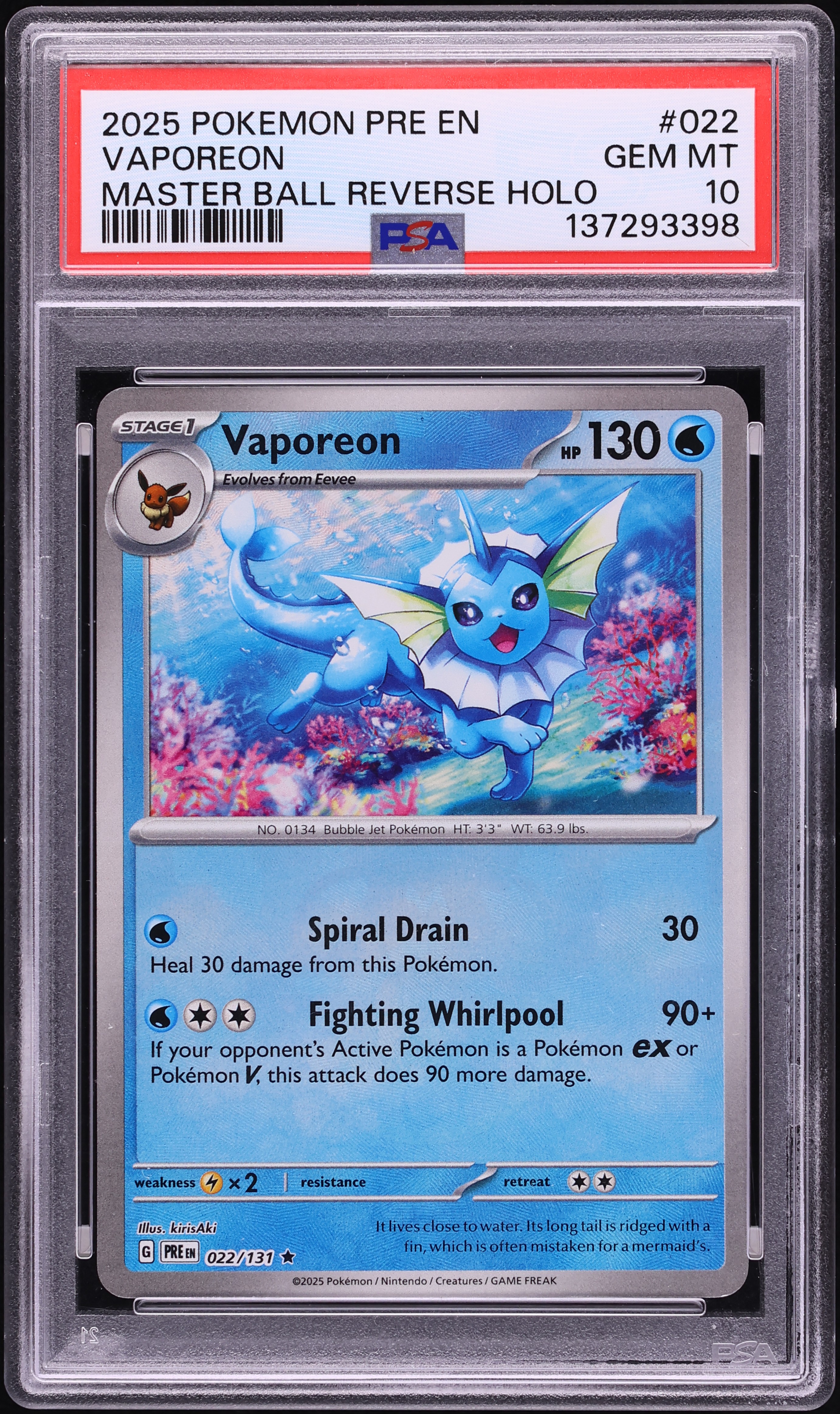 2025 Pokemon Scarlet & Violet Prismatic Evolutions Master Ball Reverse Holo Vaporeon #22 PSA 10