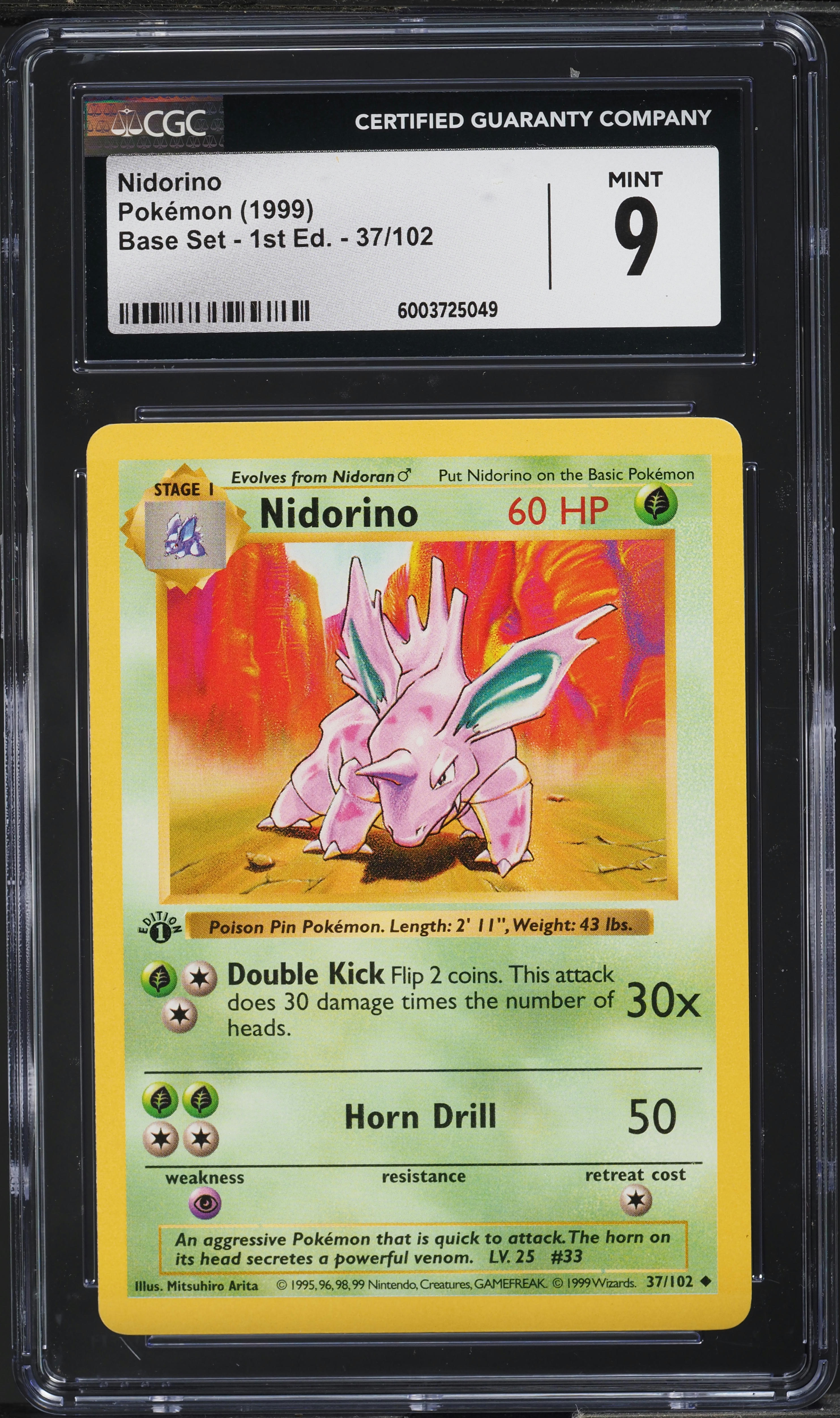 1999 Pokemon Base Set Shadowless 1st Edition Nidorino #37 CGC 9 MINT