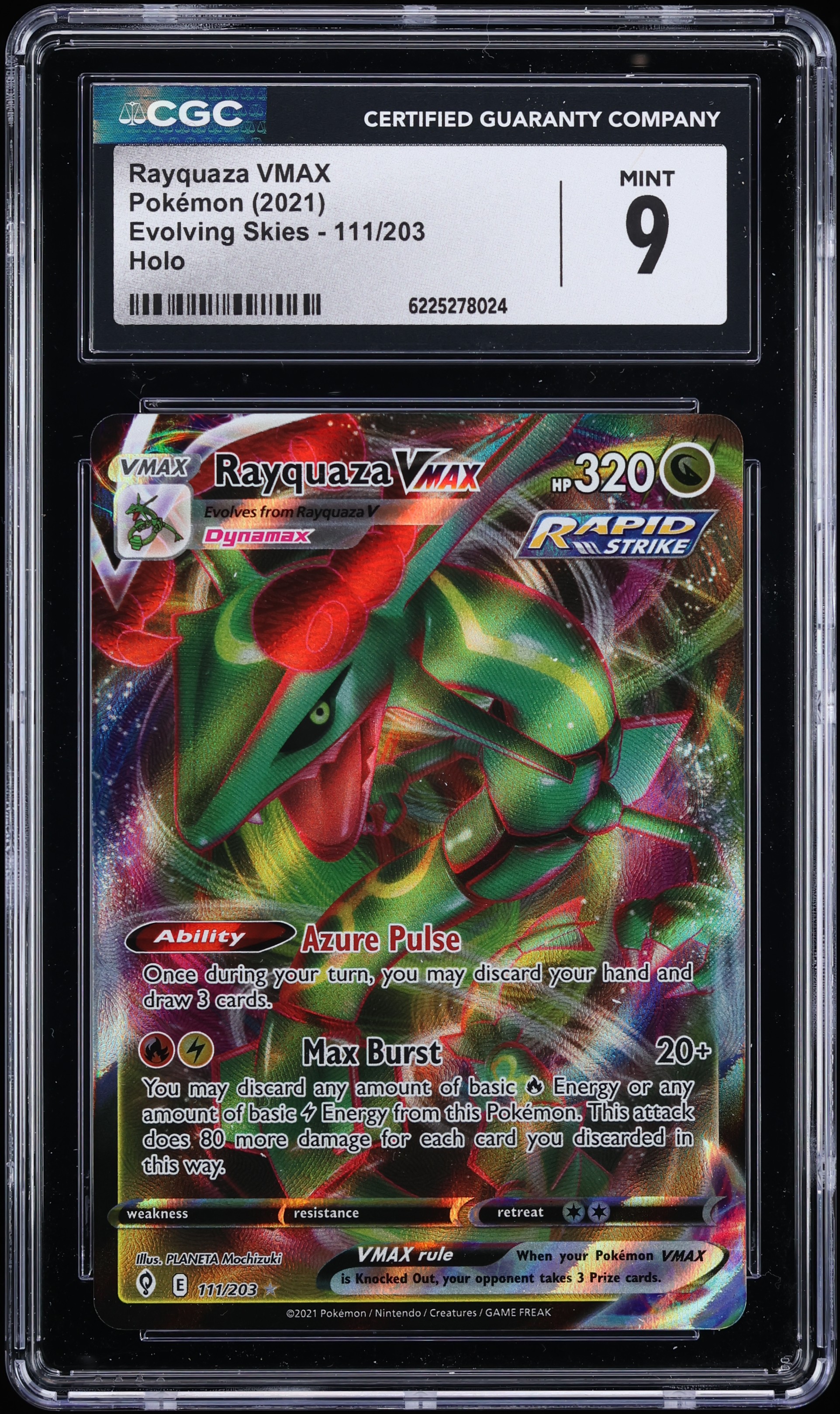 2021 Pokemon Sword & Shield Evolving Skies Full Art Rayquaza VMAX #111 CGC 9 MINT