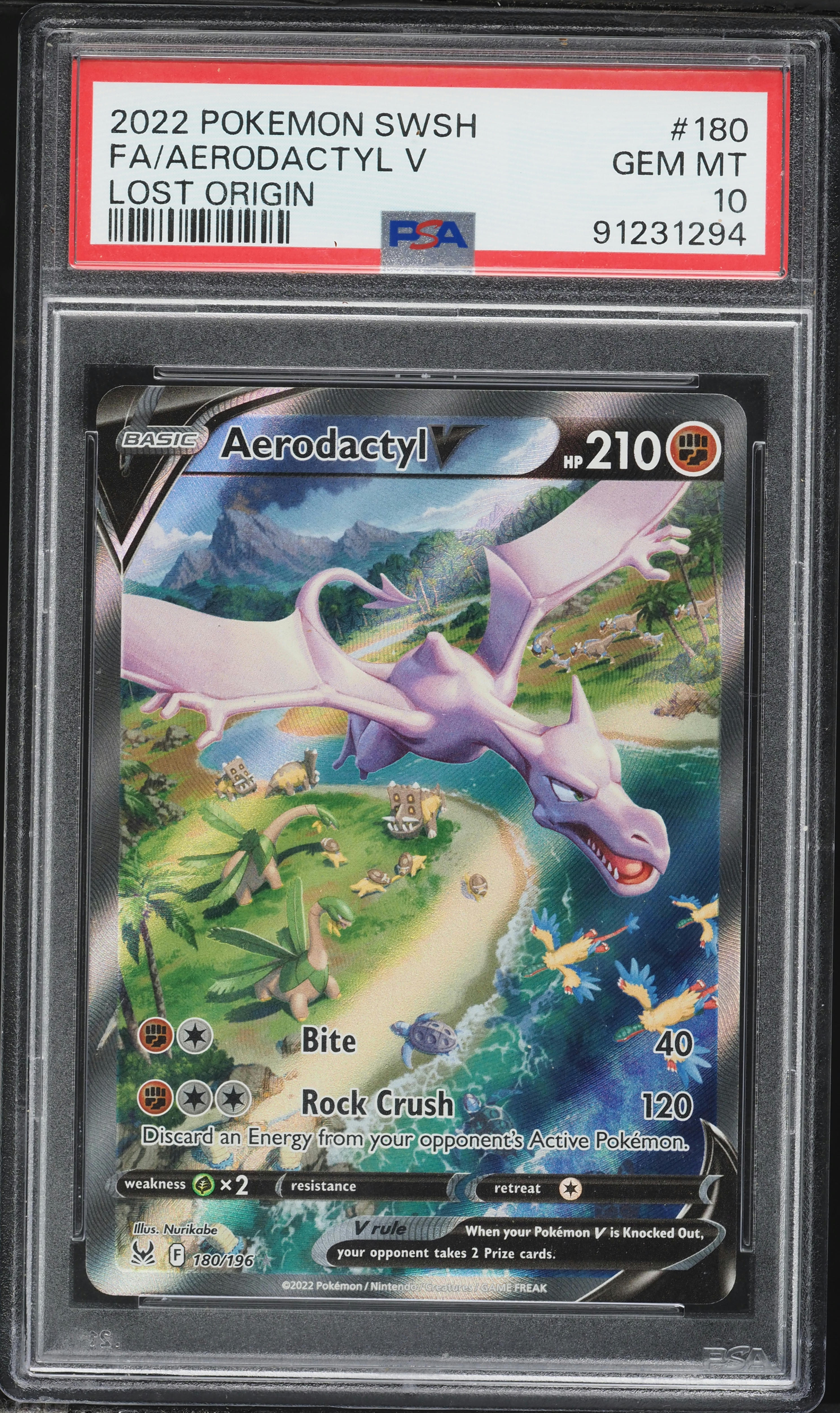 2022 Pokemon Sword & Shield Lost Origin Full Art Aerodactyl V #180 PSA 10 GEM MINT