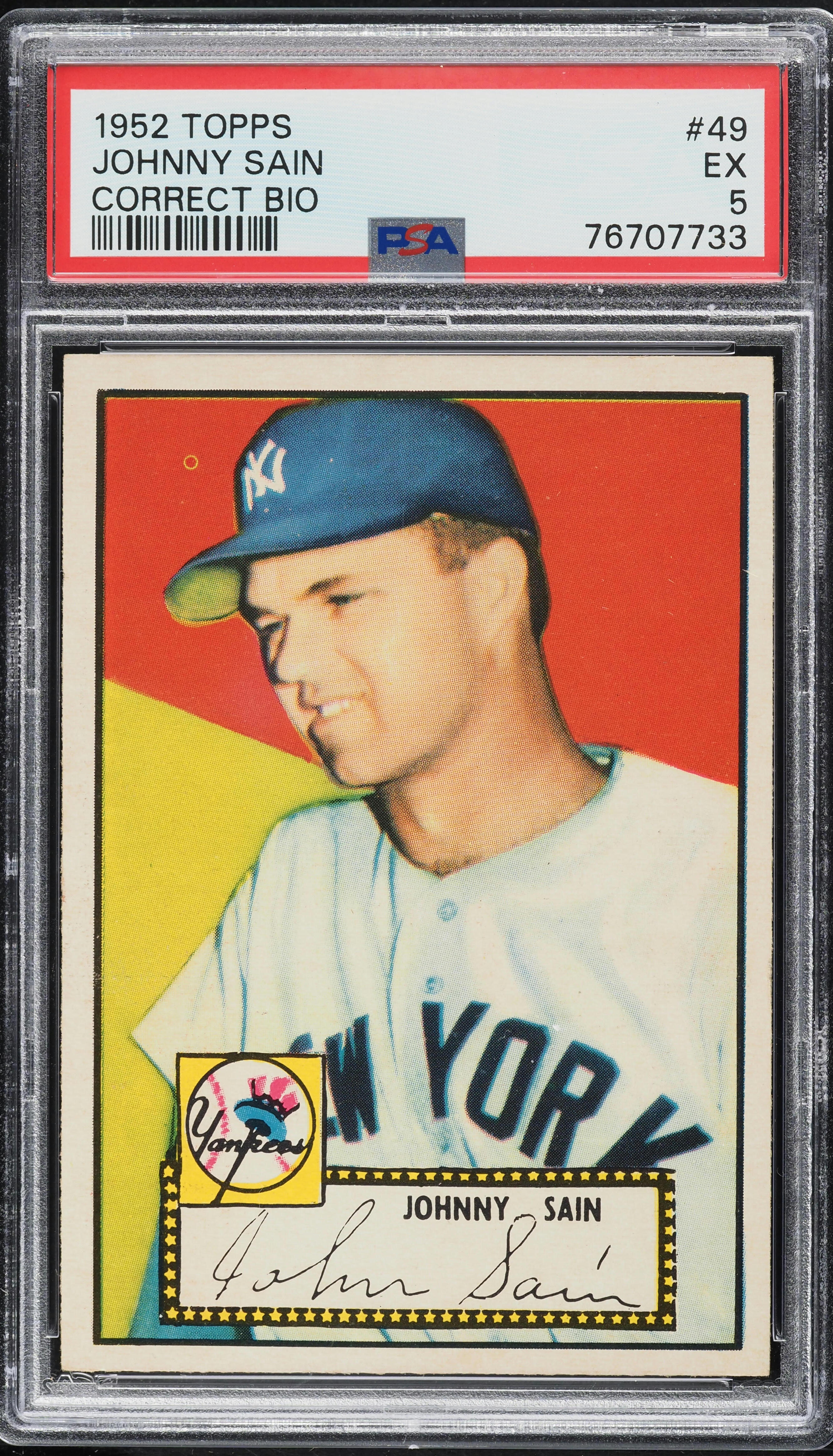 1952 Topps Johnny Sain CORRECT BIO #49 PSA 5 EX