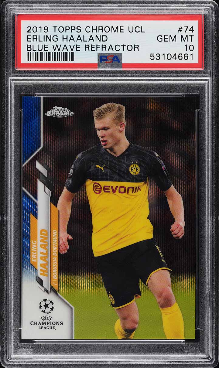 2019 Topps Chrome UEFA Blue Wave Refractor Erling Haaland ROOKIE /75 #74 PSA 10