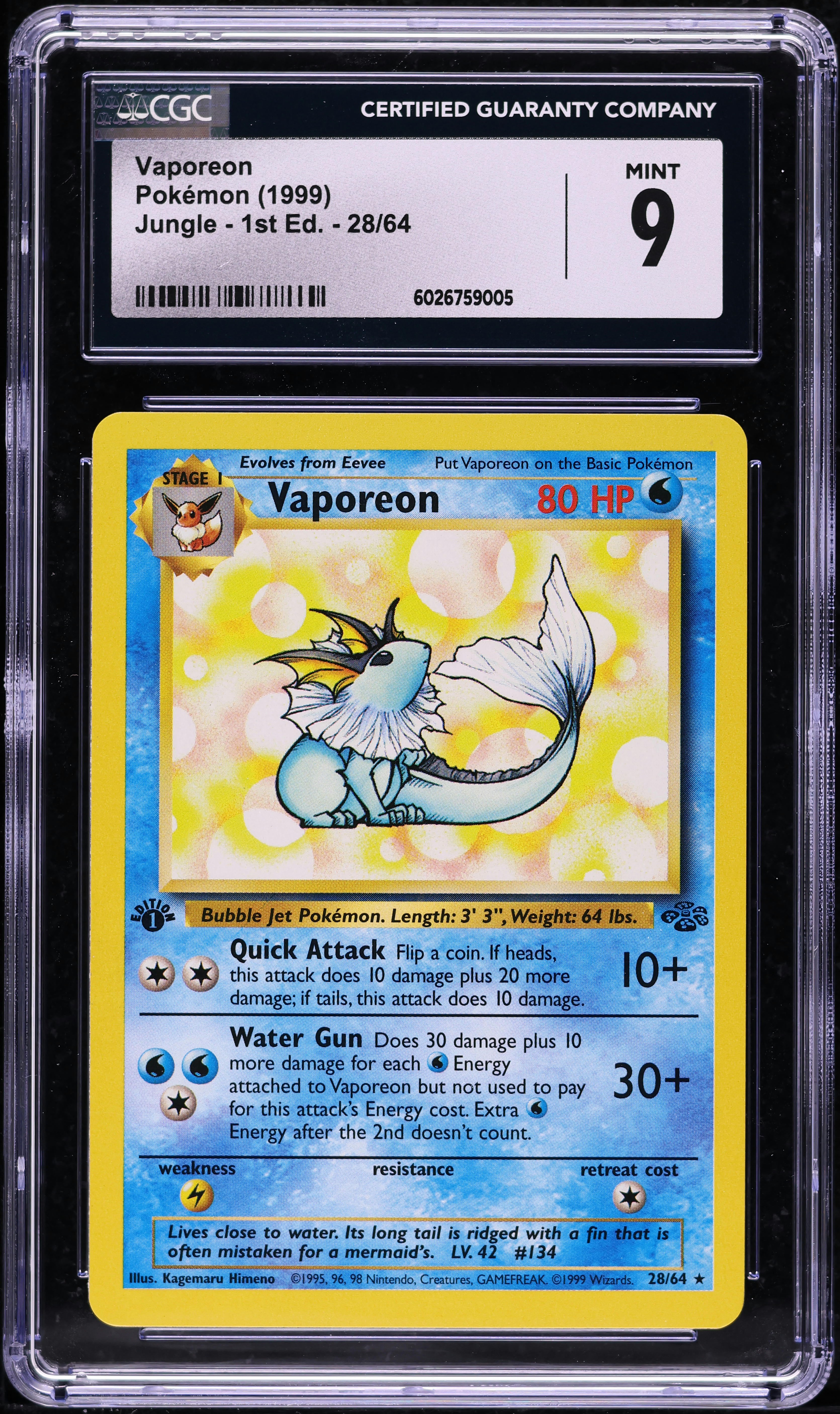1999 Pokemon Jungle 1st Edition Vaporeon #28 CGC 9 MINT