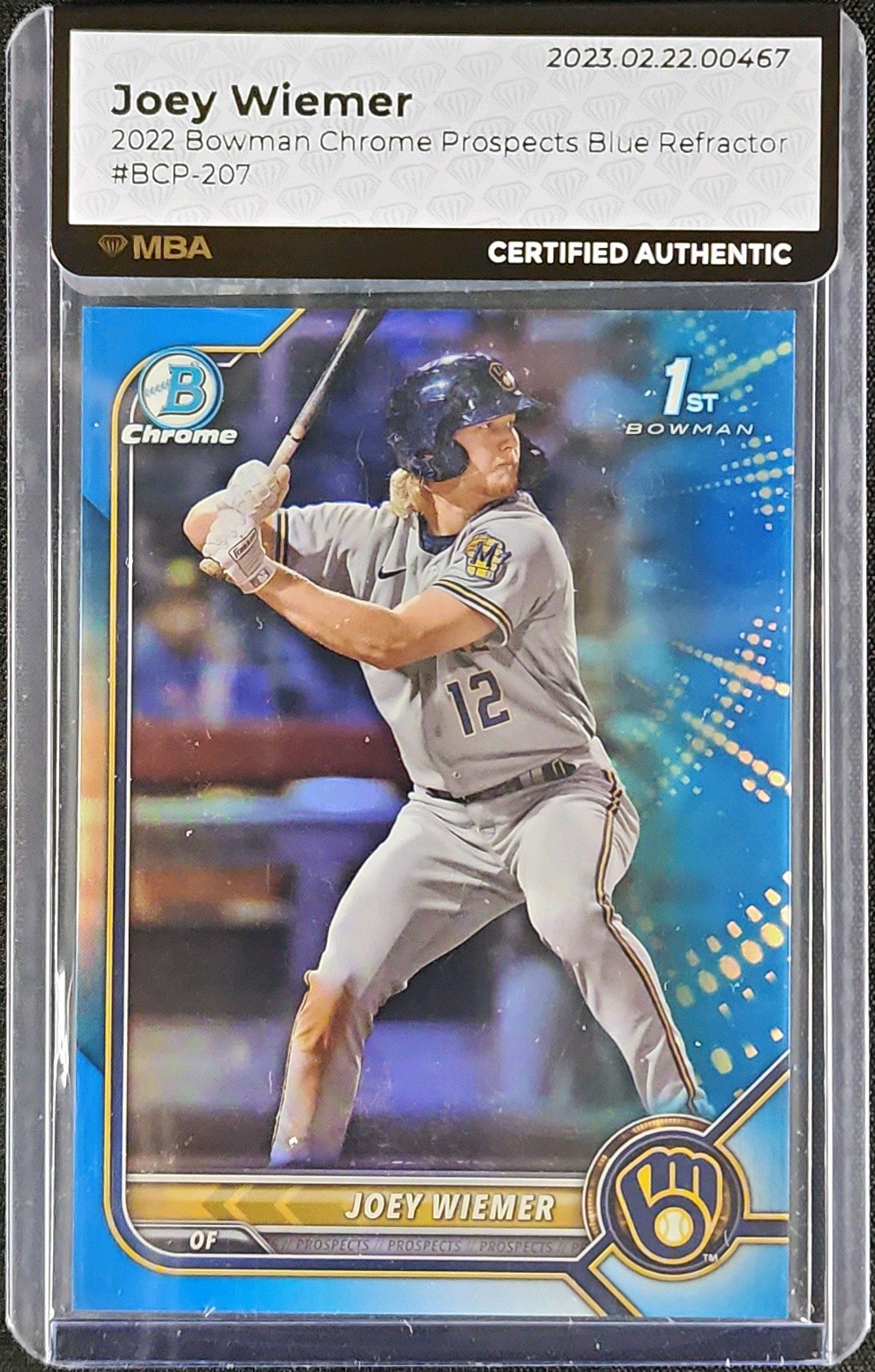 2022 Bowman Chrome Blue Refractor Joey Wiemer ROOKIE /150 #BCP-207 MBA AUTH