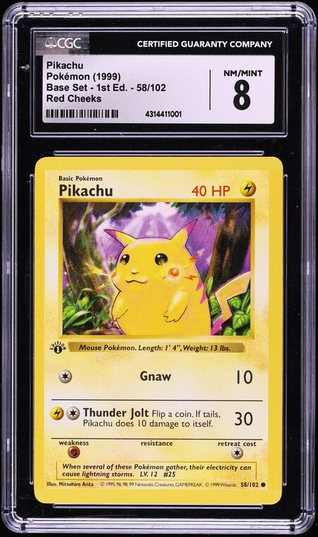 1999 Pokemon Base Set Shadowless 1st Edition Red Cheeks Pikachu #58 CGC 8 NM-MT