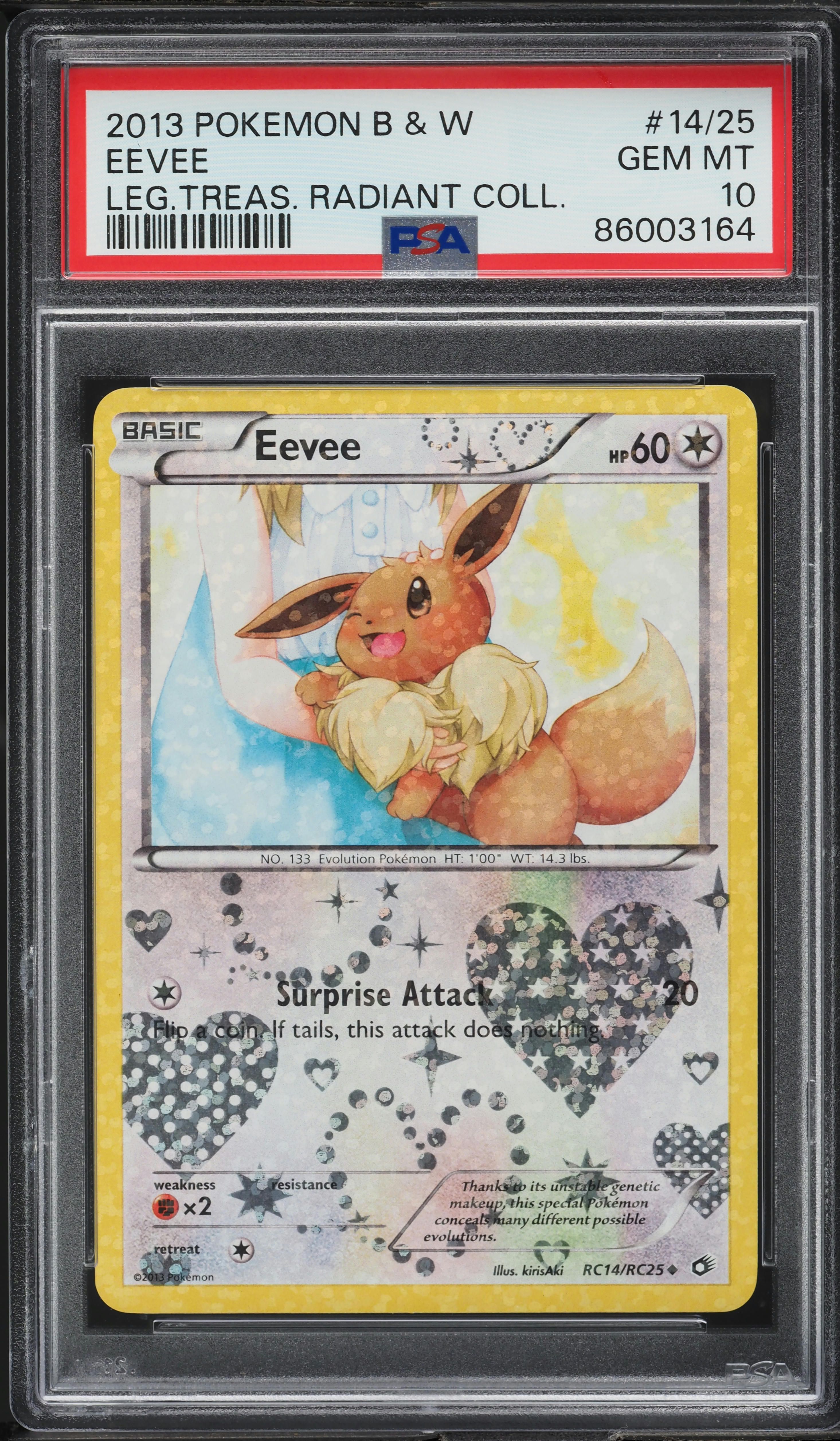 2013 Pokemon BW Legendary Treasures Radiant Collection Eevee #RC14 PSA 10 GEM