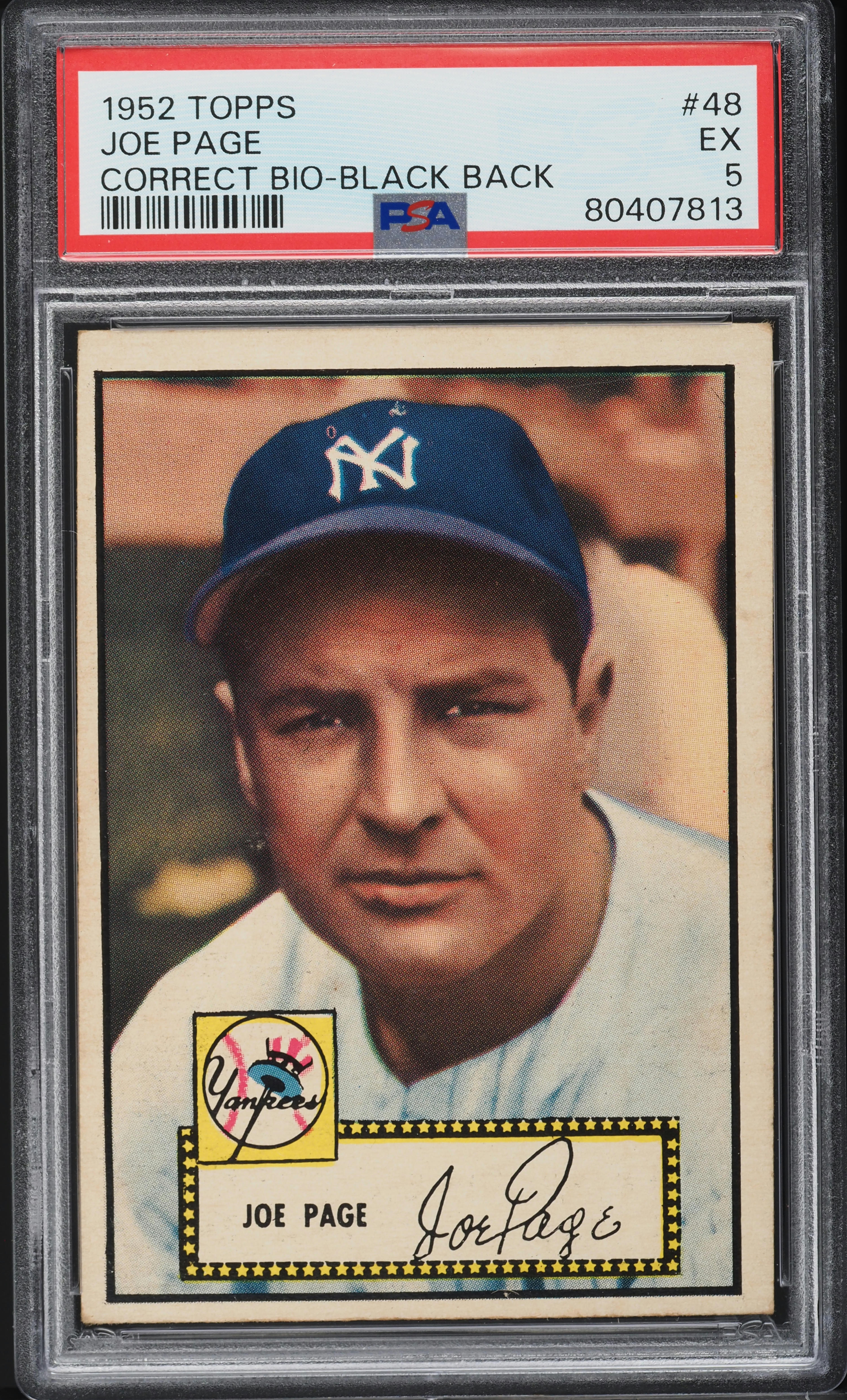 1952 Topps Joe Page CORRECT BIO, BLACK BACK #48 PSA 5 EX
