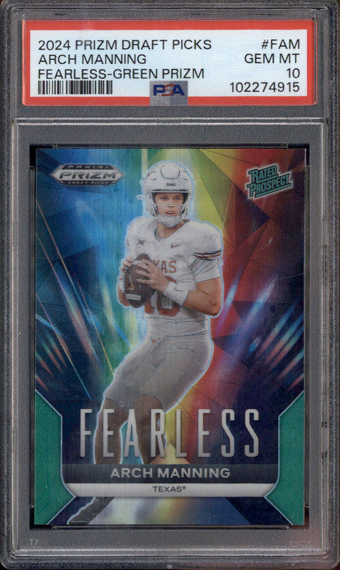 2024 Panini Prizm Draft Picks Fearless Green Prizm #FAM Arch Manning PSA 10